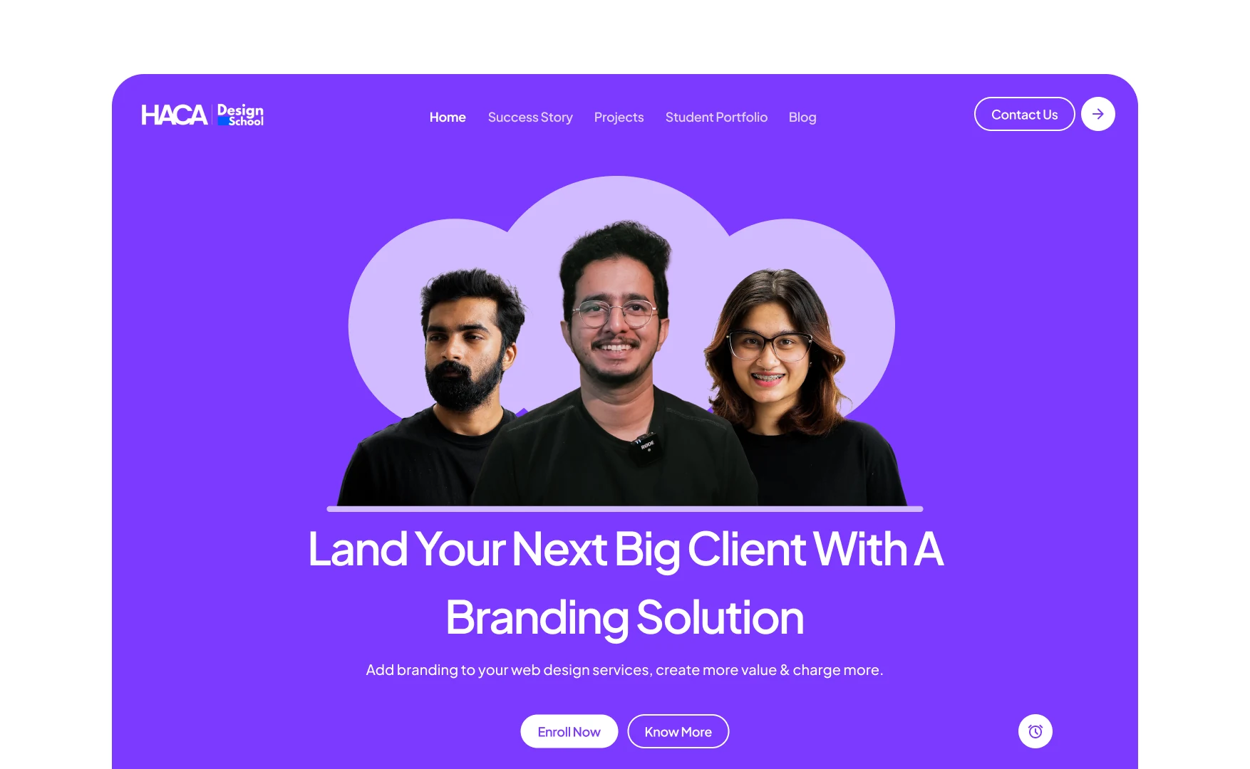 The first hero: a photograph of three people over purple, with the headline Land Your Next Big Client With A Branding Solution