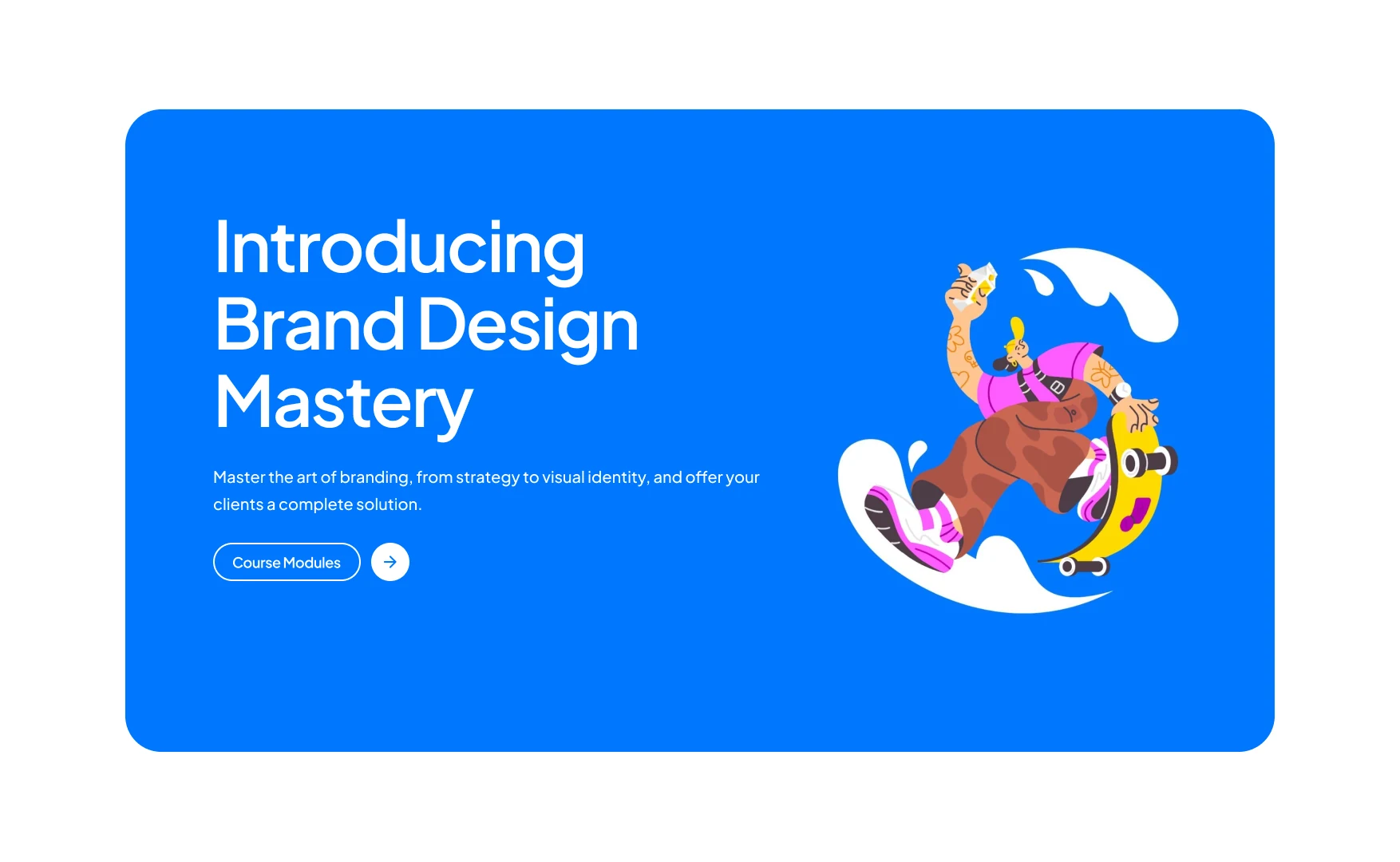 A blue section introducing Brand Design Mastery with an illustration