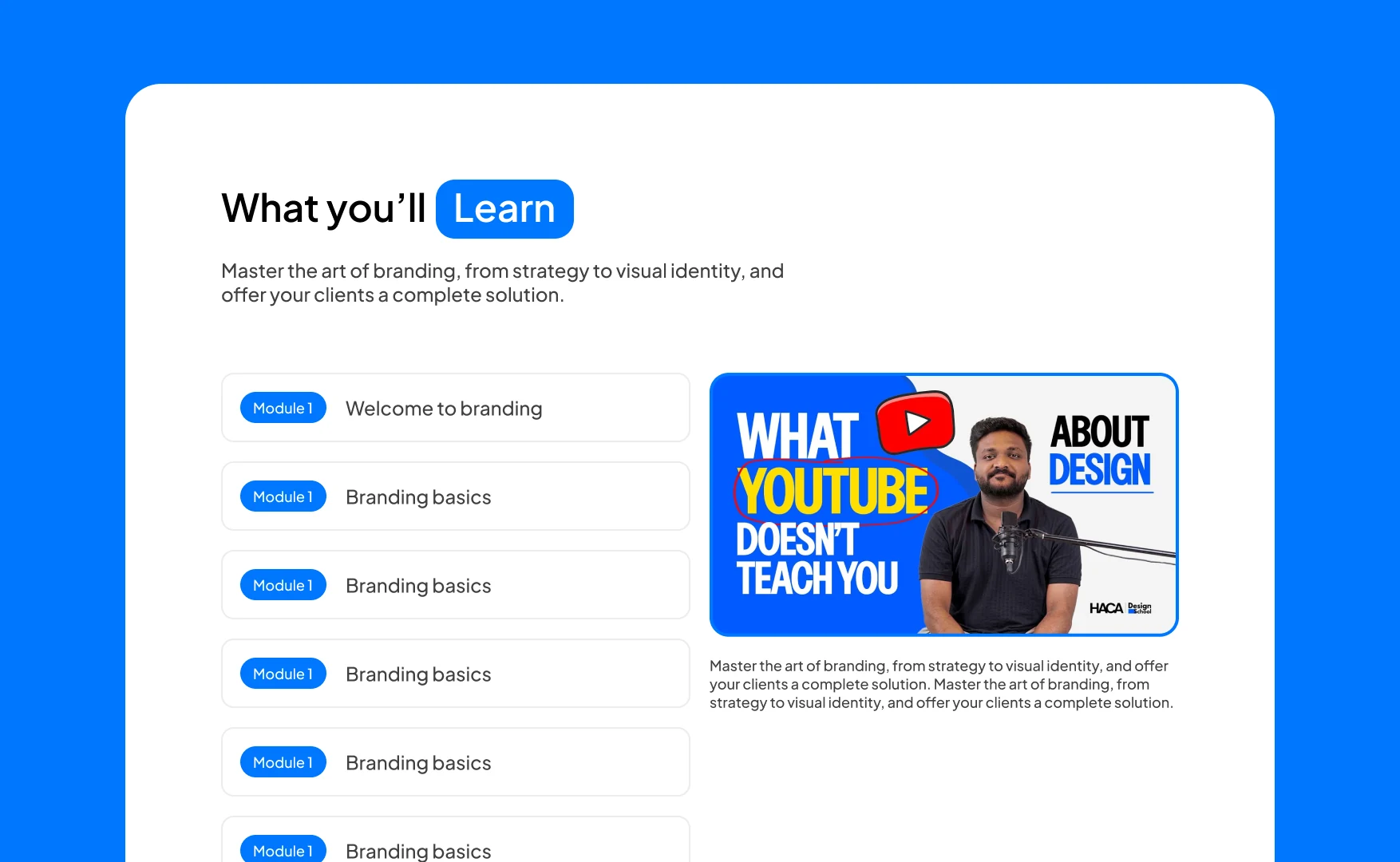 What you will learn, as a list of identical module rows beside a video thumbnail