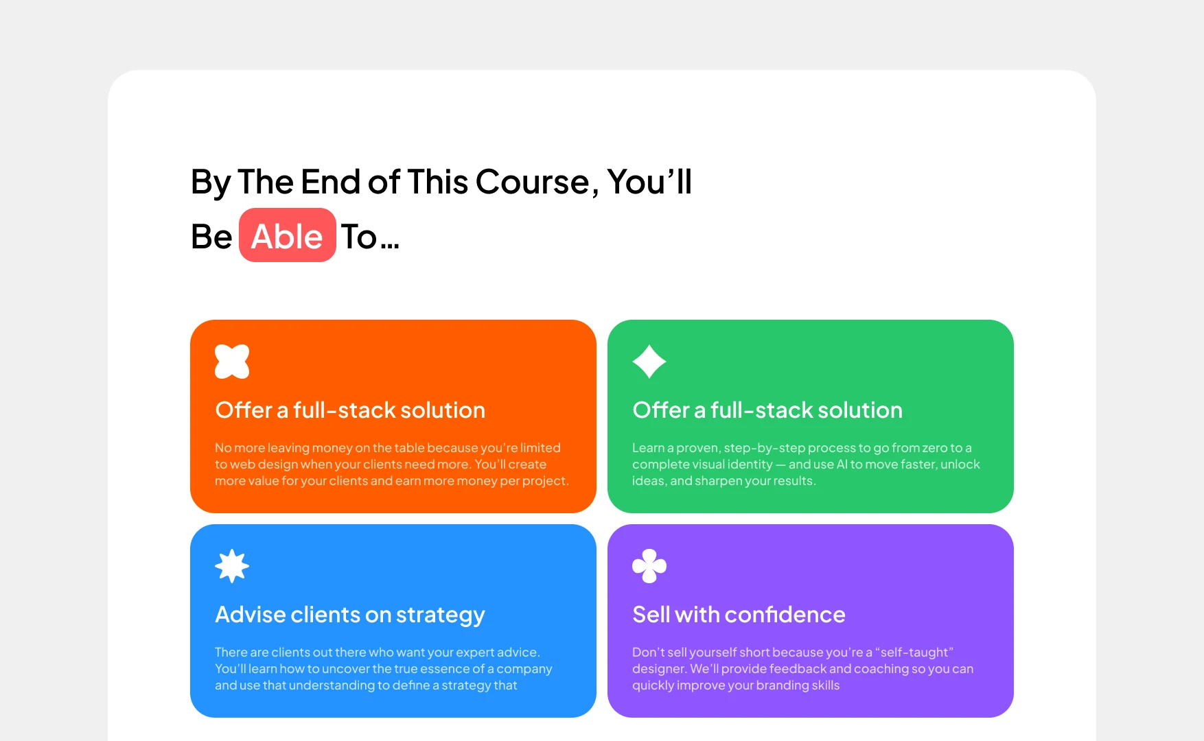 By the end of this course you will be able to, as four coloured cards