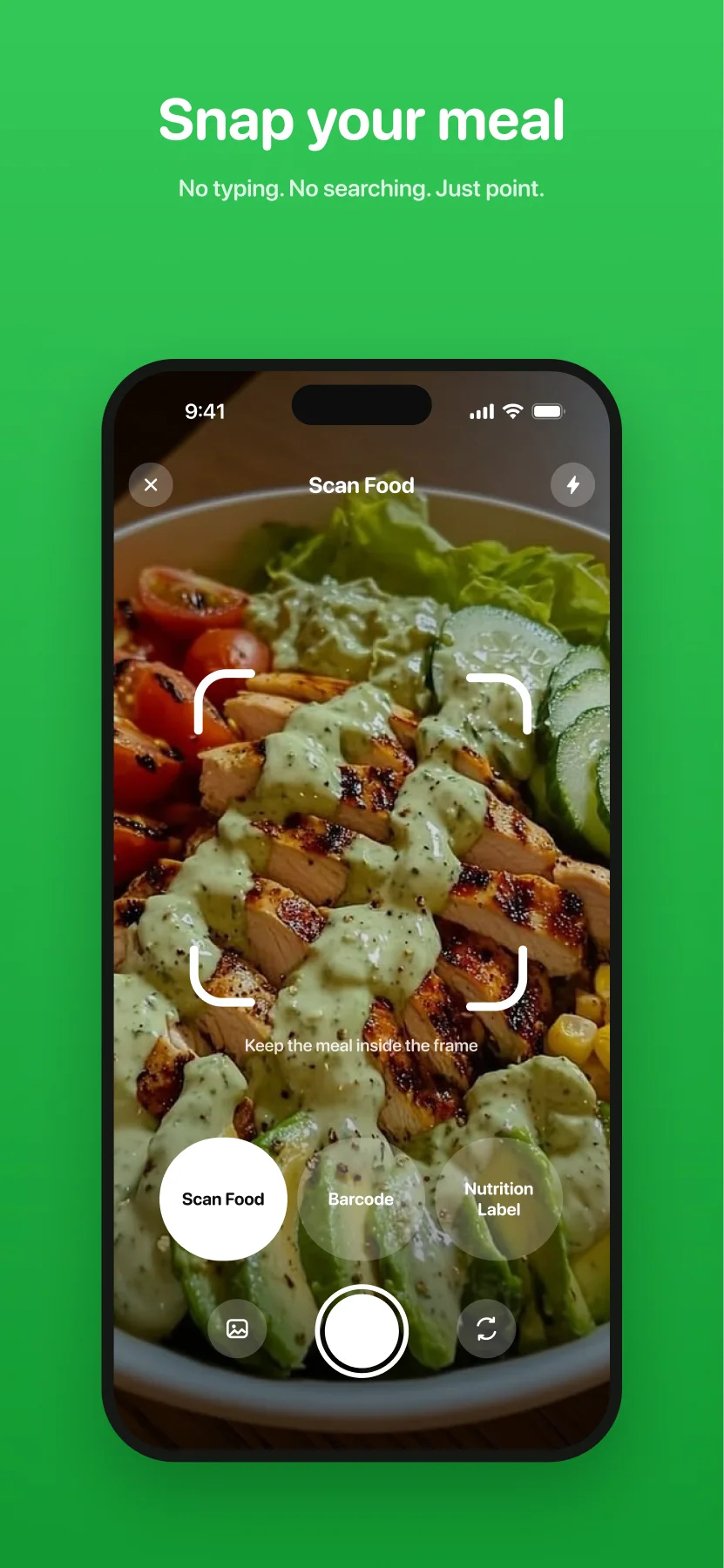 App Store screenshot: Snap your meal headline over the camera screen in a device frame on the green gradient
