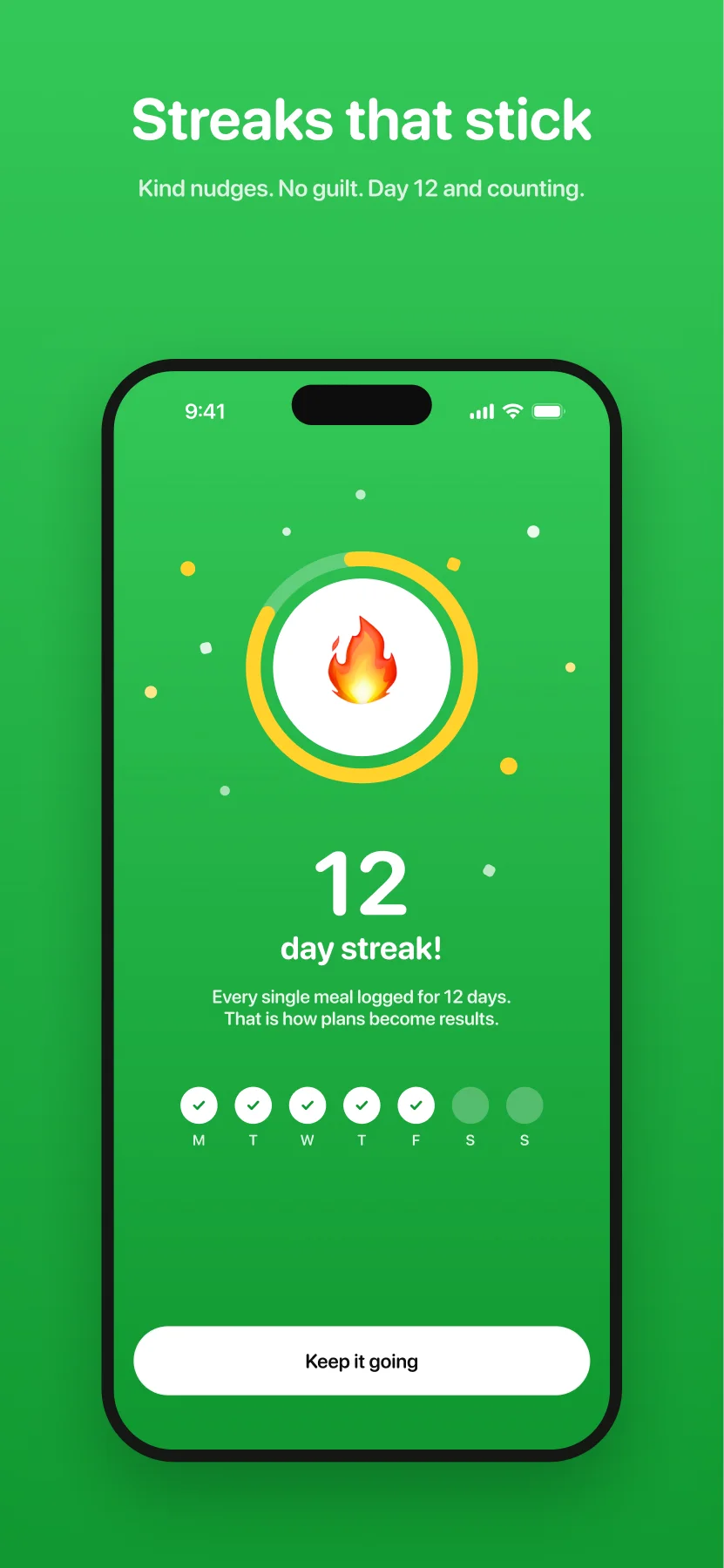 App Store screenshot: Streaks that stick headline over the streak celebration screen