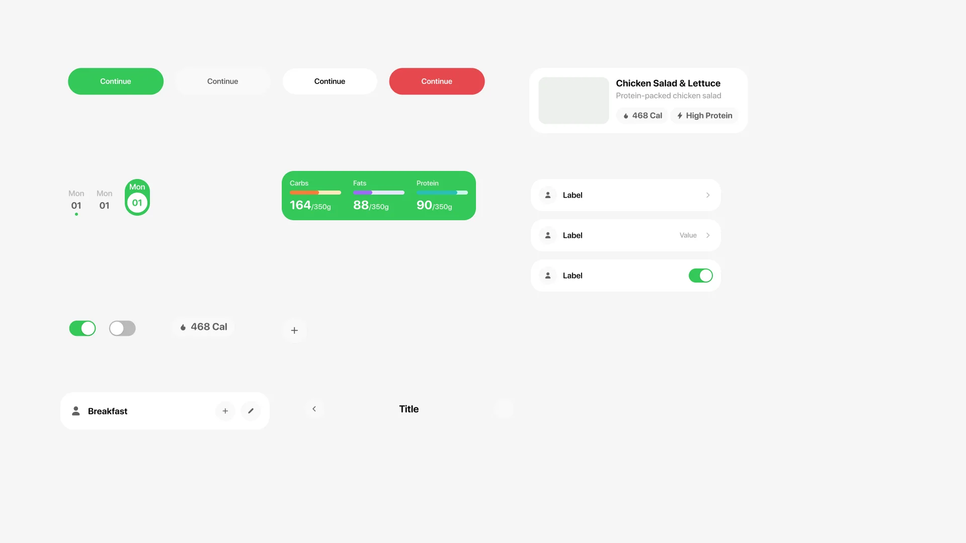 The component sheet: button styles, day cell states, macro bars, chips, toggles, food row and list row variants