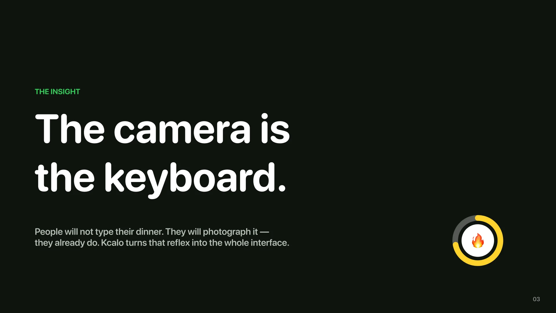 A dark pitch slide reading The camera is the keyboard