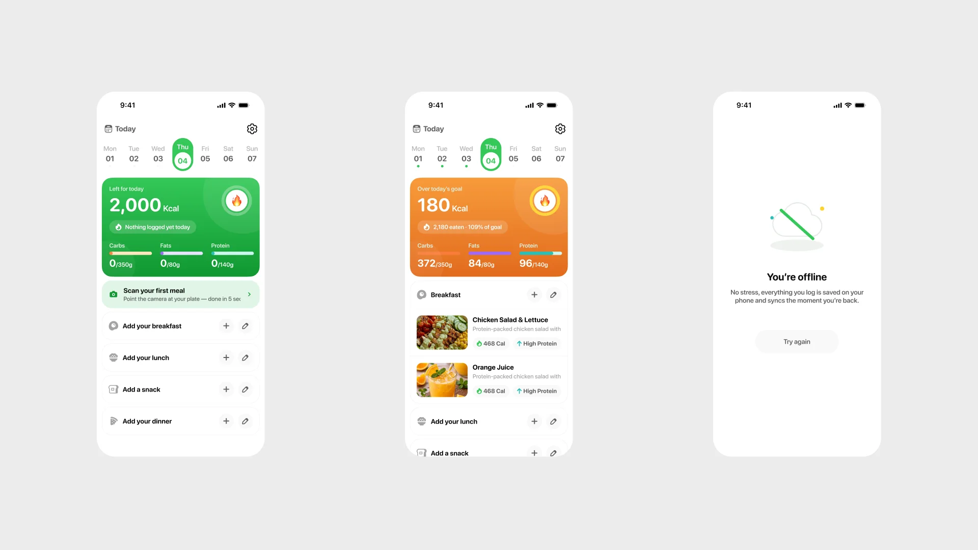 Three screens: the empty first-day home, the over-goal home with an orange hero card and a walk suggestion, and the offline state