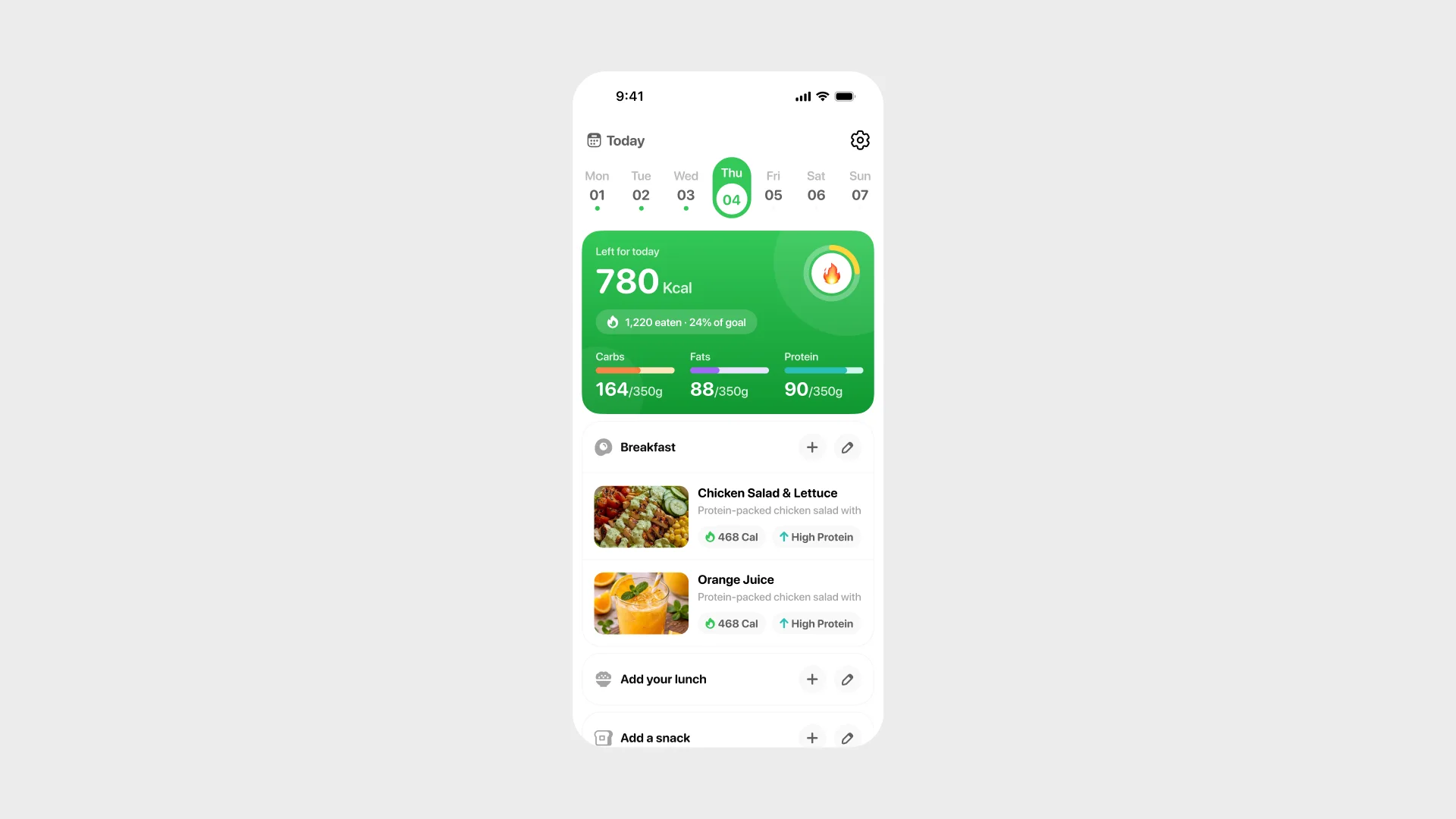 The home screen: Today header, week strip, the green hero card and meal cards with logged food rows