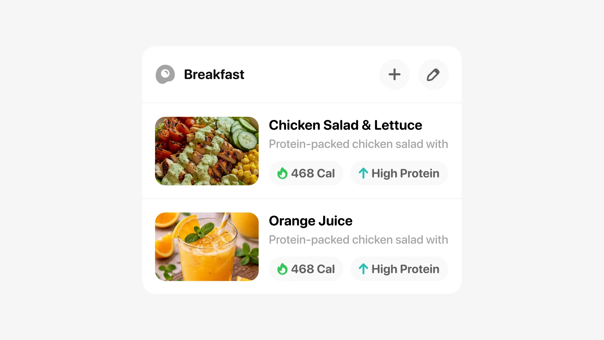 The breakfast meal card enlarged: header with add and edit buttons, and two food rows with photos and stat chips