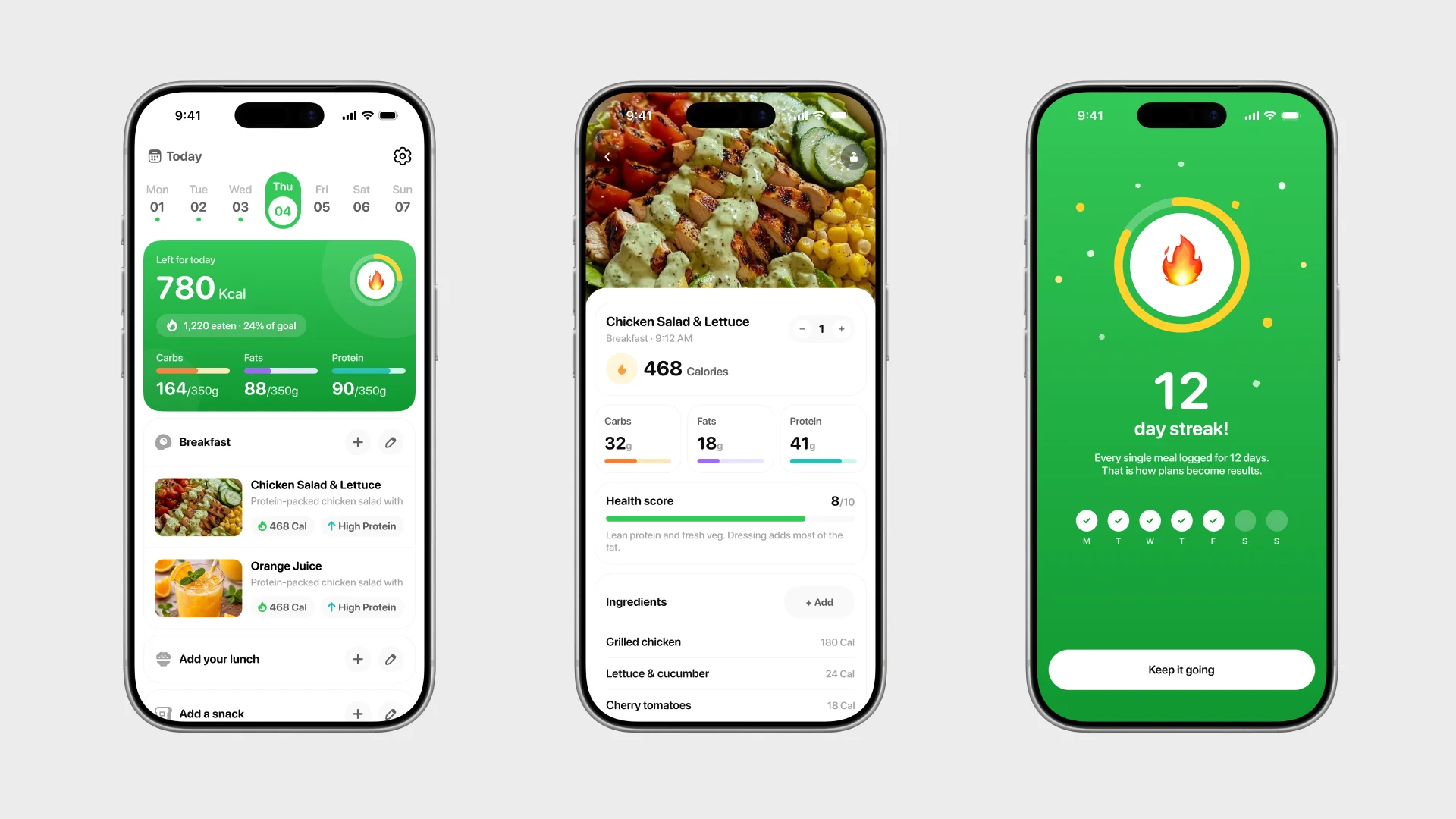 Three screens in device bezels: home, the scan result and the streak