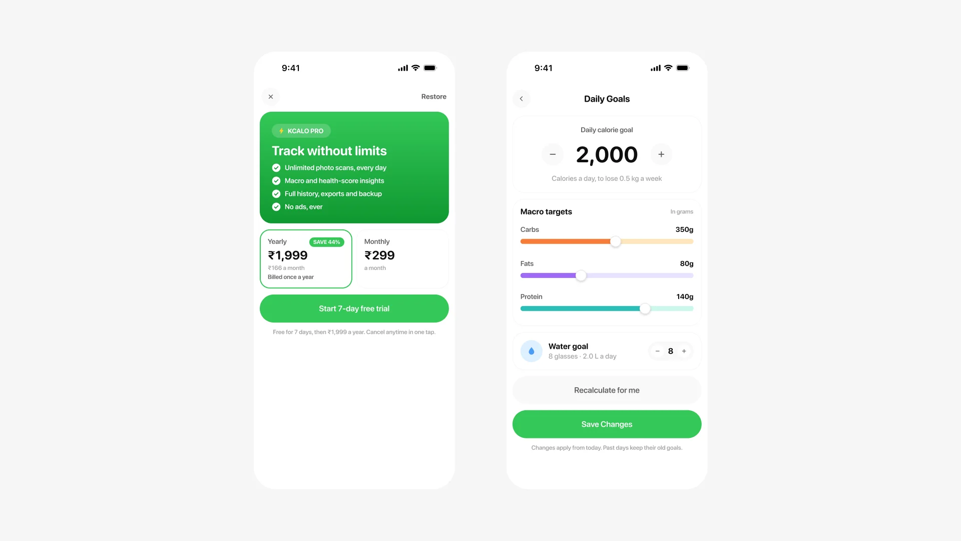 Two screens: the Pro paywall with feature list and yearly and monthly price cards, and the daily goals editor with macro sliders