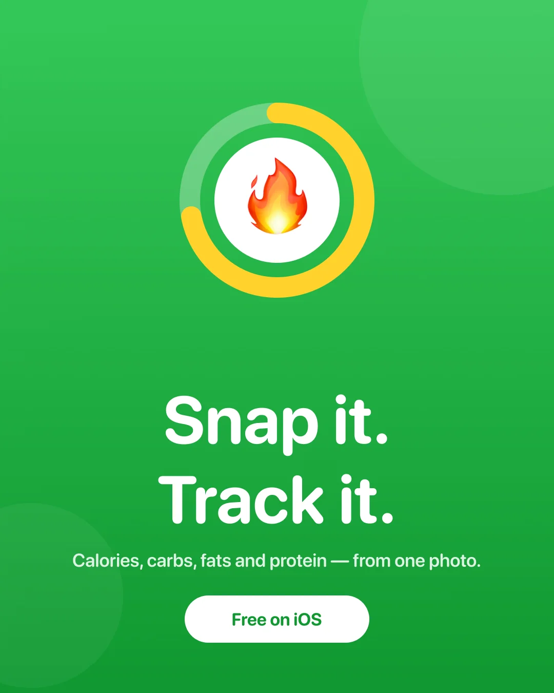 A social poster on the green gradient: the ring mark above Snap it, Track it, with a Free on iOS button