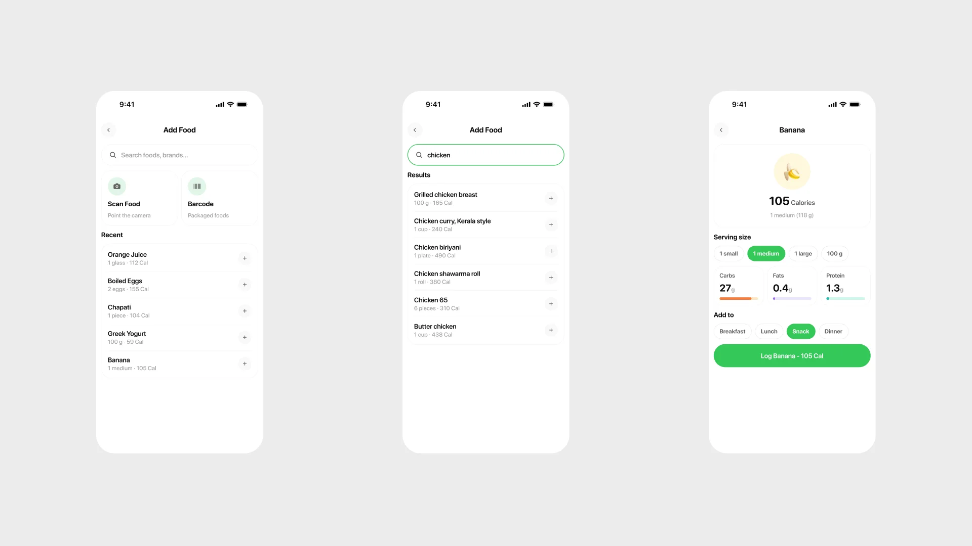 Three screens: add food with recents and quick actions, live search results for chicken, and the food detail for a banana with serving chips