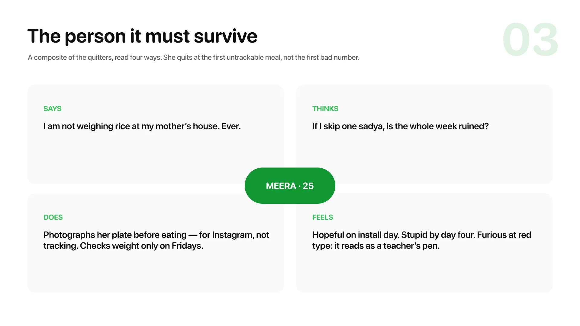 A four-quadrant empathy map for Meera: says, thinks, does, feels