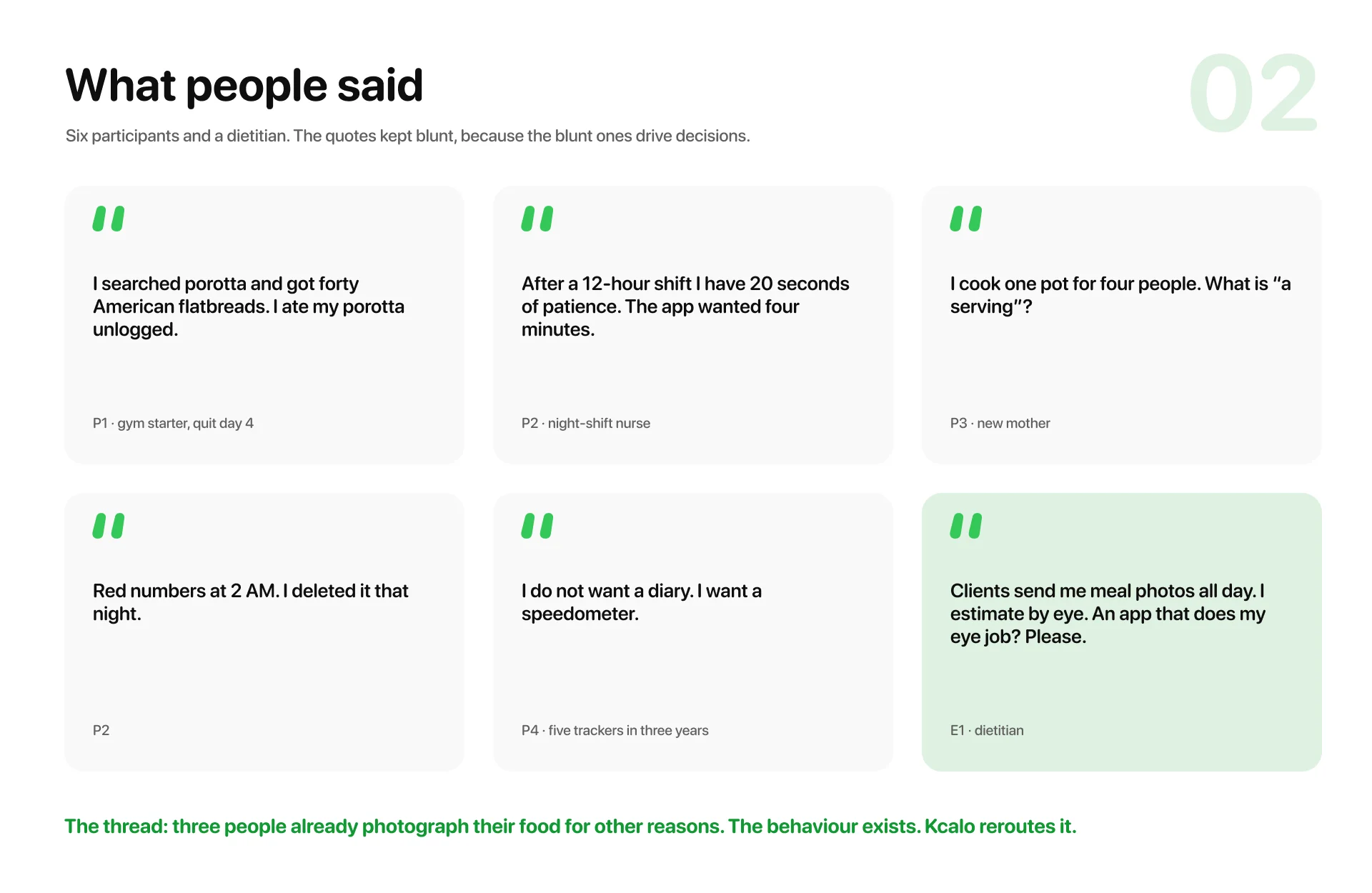 Six quote cards from participants and a dietitian, with the connecting thread underneath