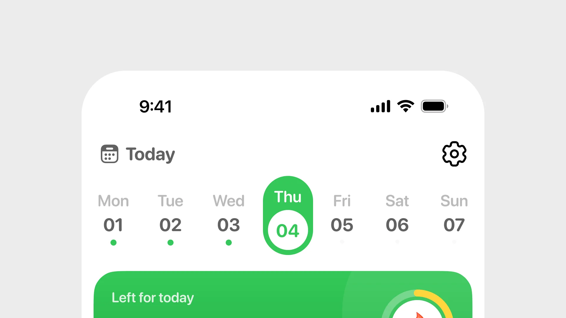 The week strip enlarged: day columns with green logged dots and the selected Thursday as a green pill