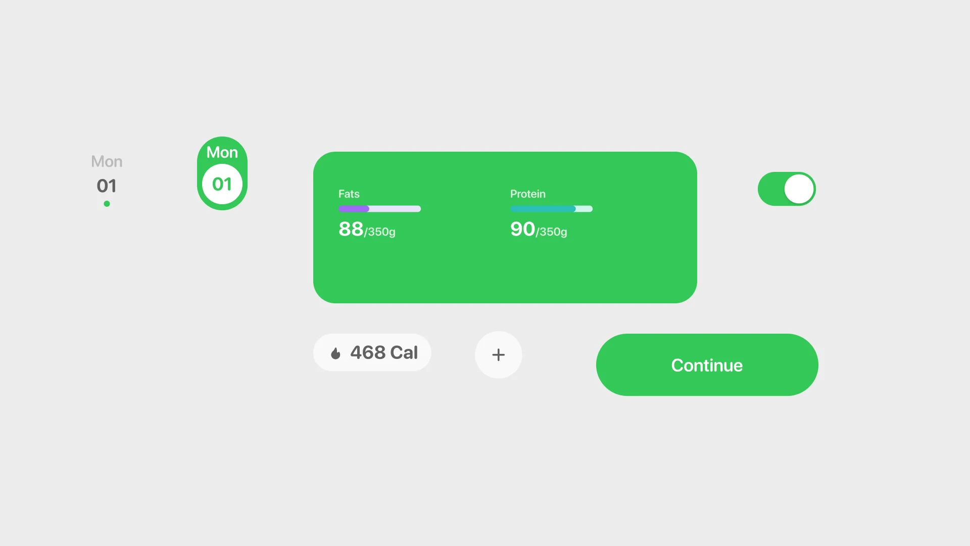 Enlarged controls: day cells, the macro bars on green, a toggle, a stat chip and the primary button