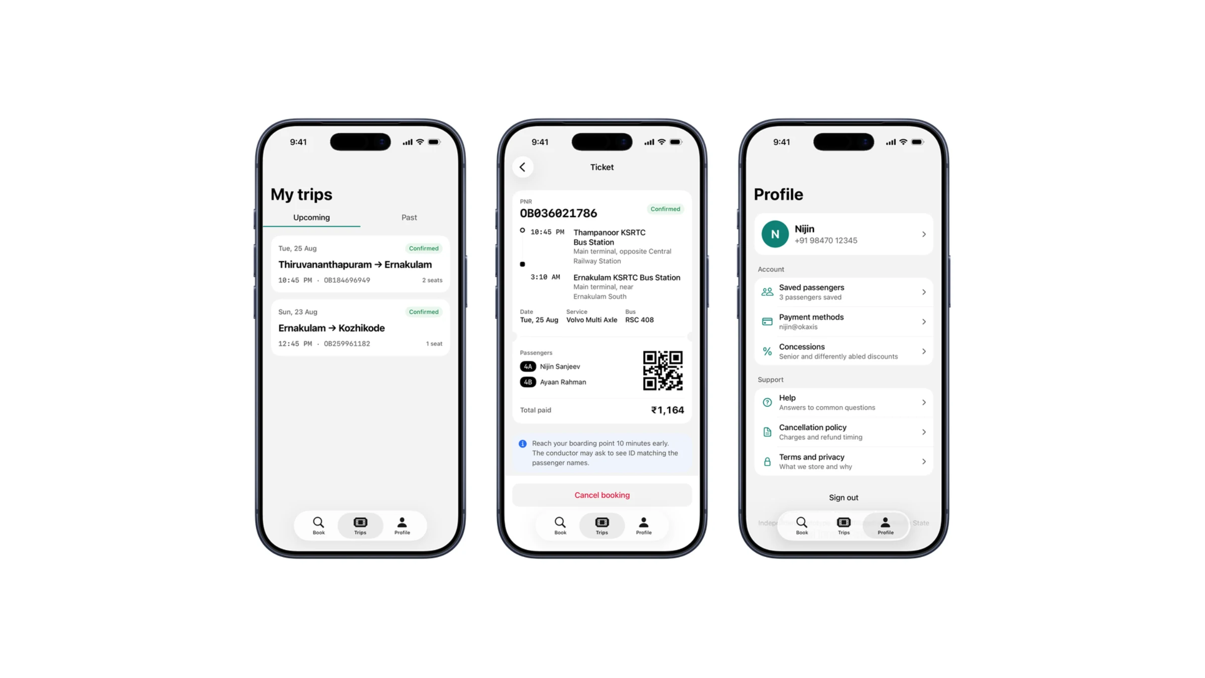 The My Trips list, the ticket, and the profile screen