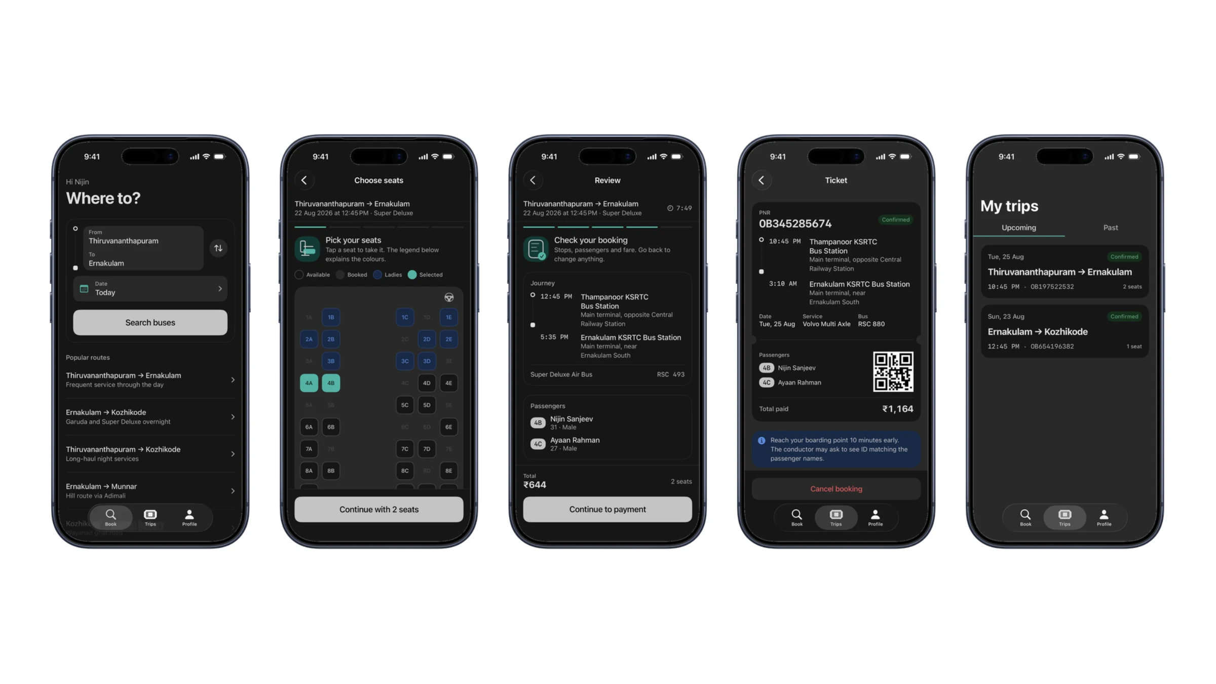 Home, the seat map, review, the ticket and trips in dark mode