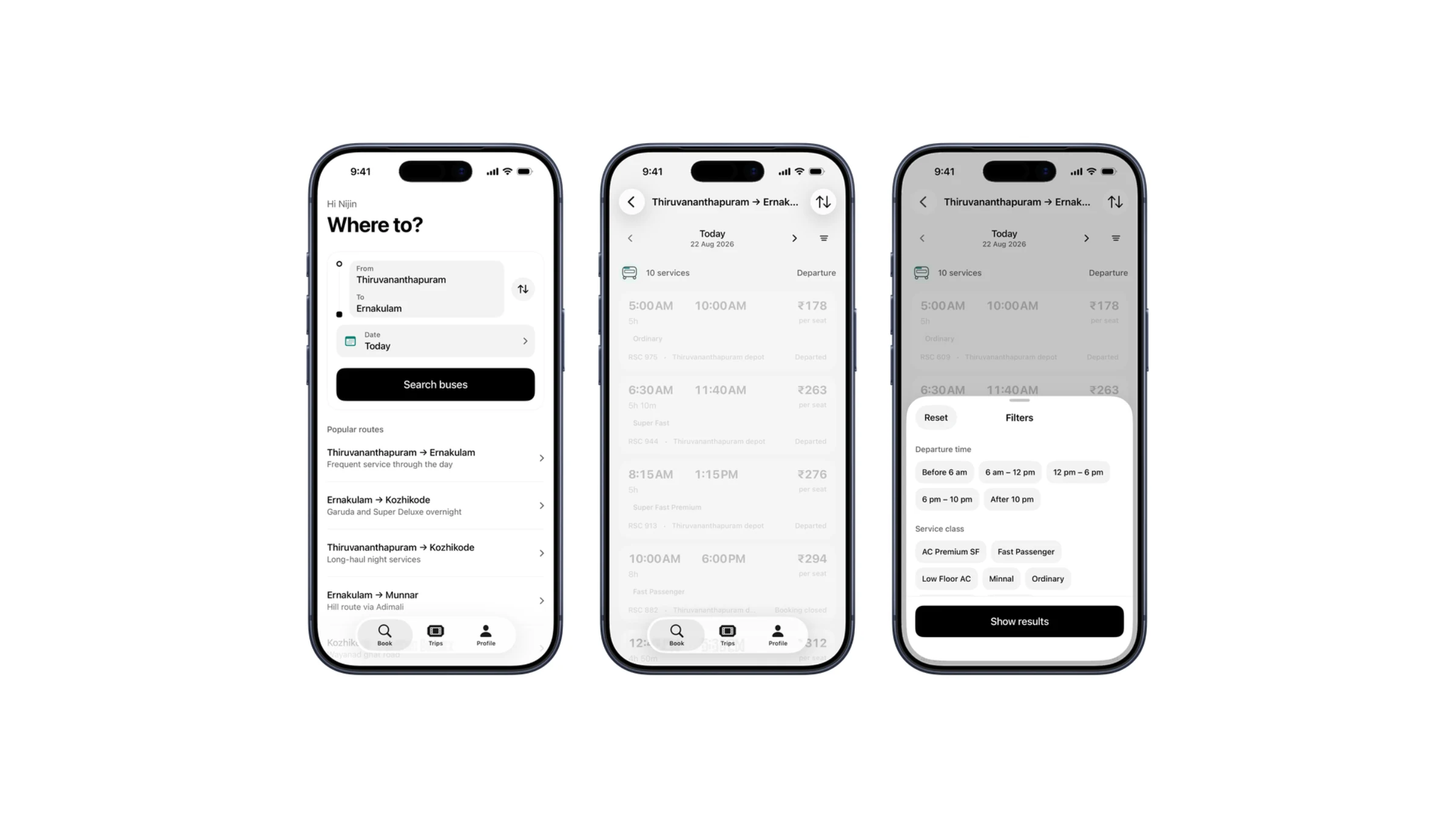 The home search screen, the results list, and the filter sheet