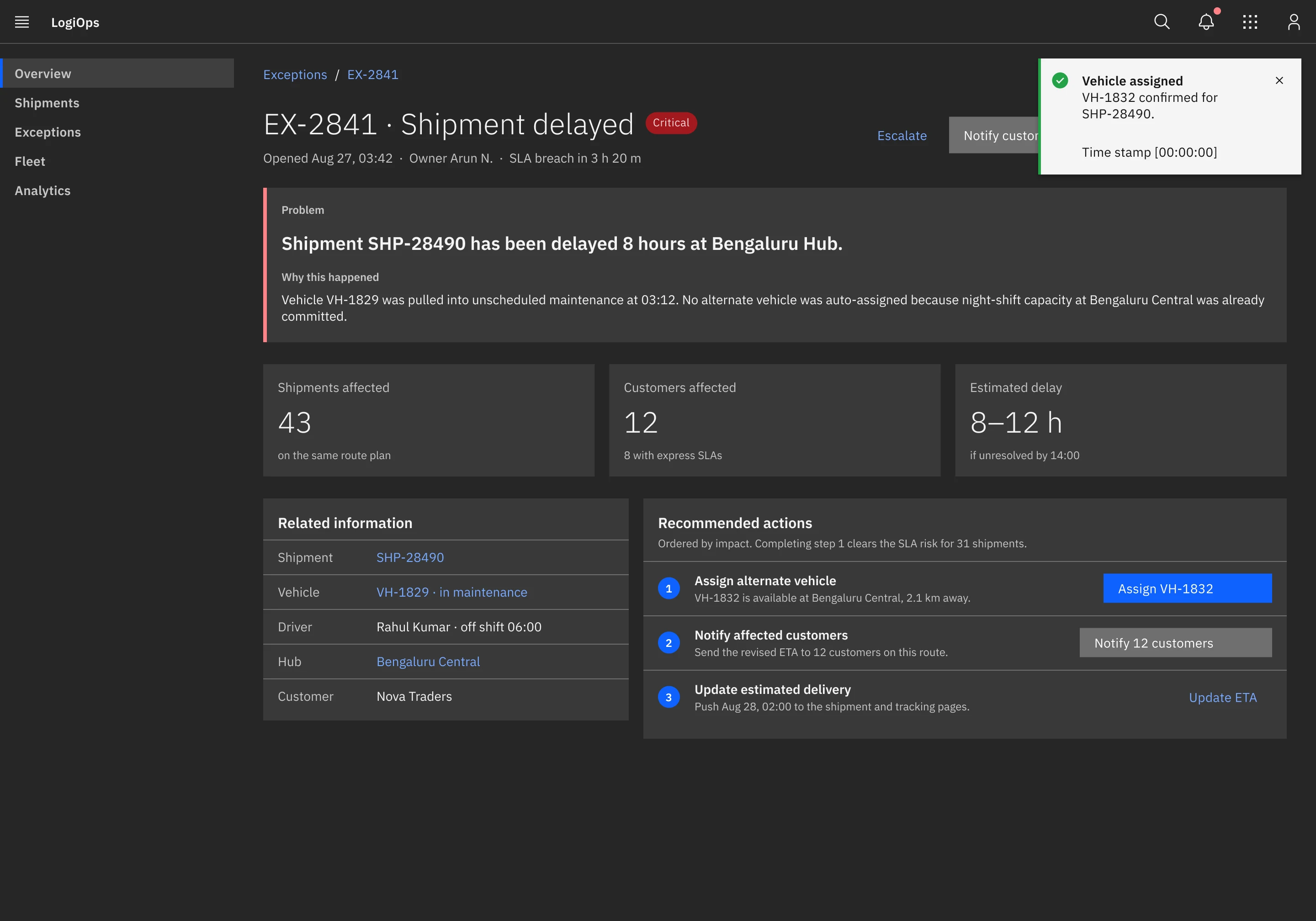 The exception details screen in the dark theme