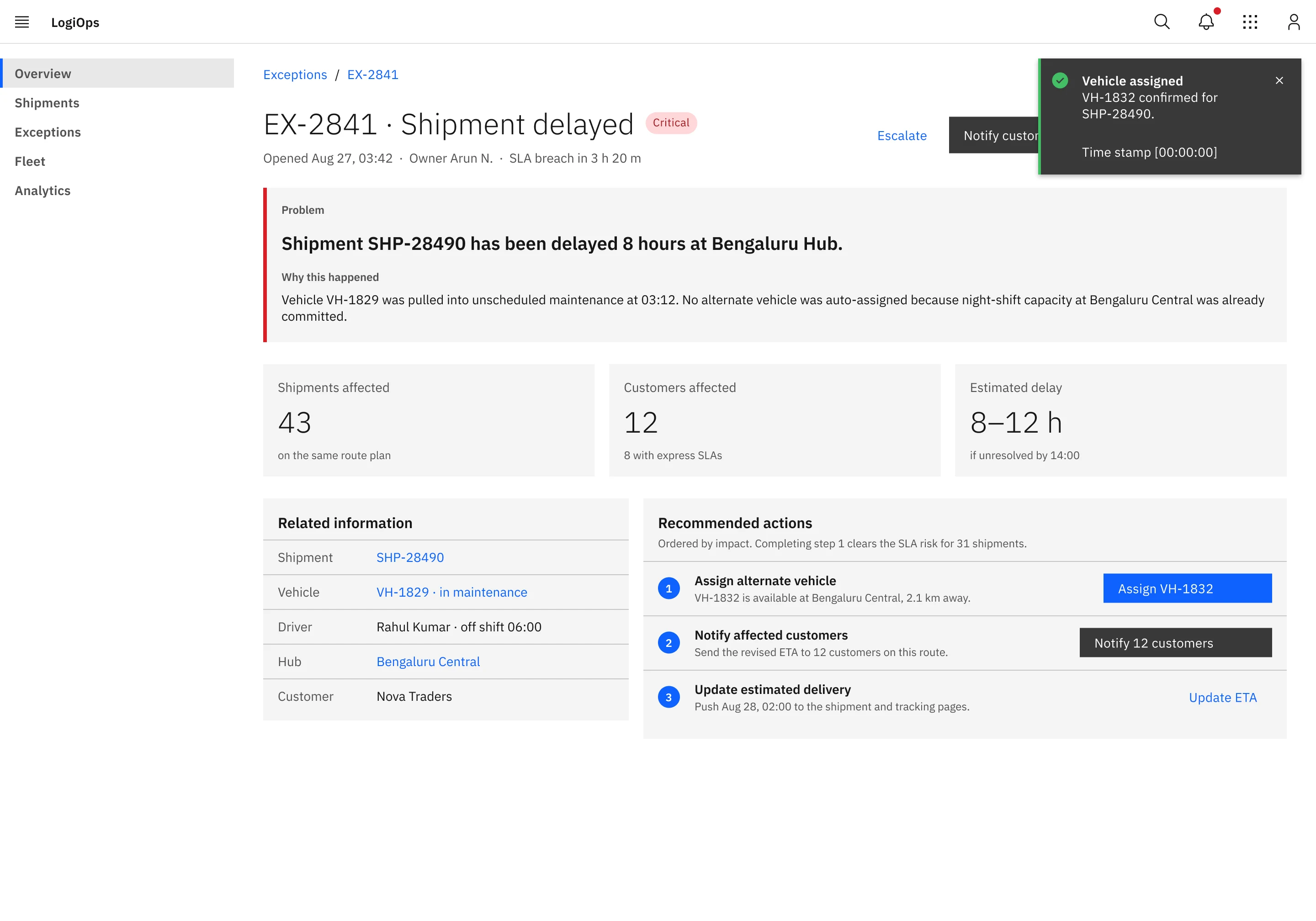 Exception details: problem statement with cause, impact metrics, related information and three recommended actions with buttons