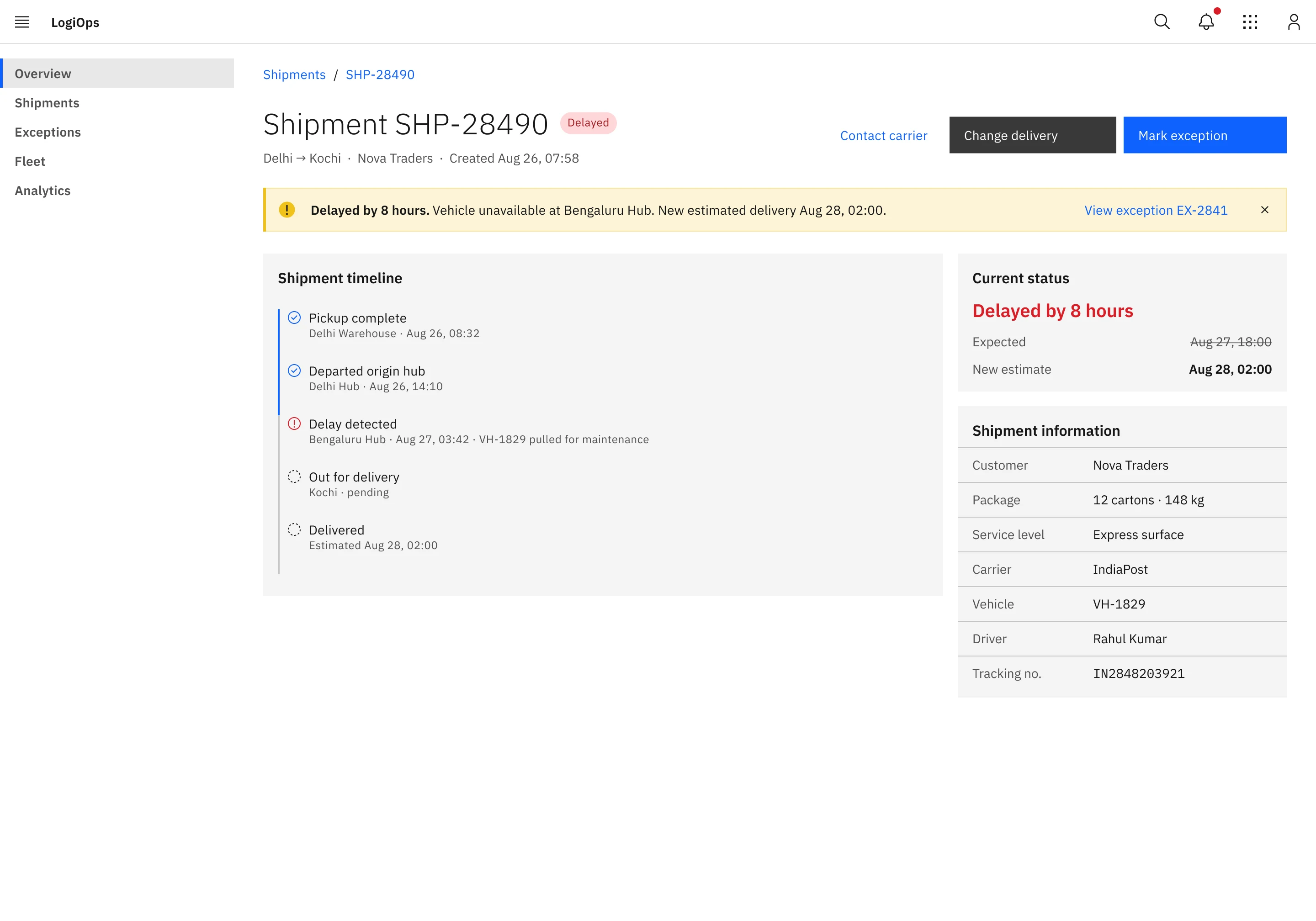 Shipment details: a warning notification, a vertical timeline with an error step, current status and shipment information