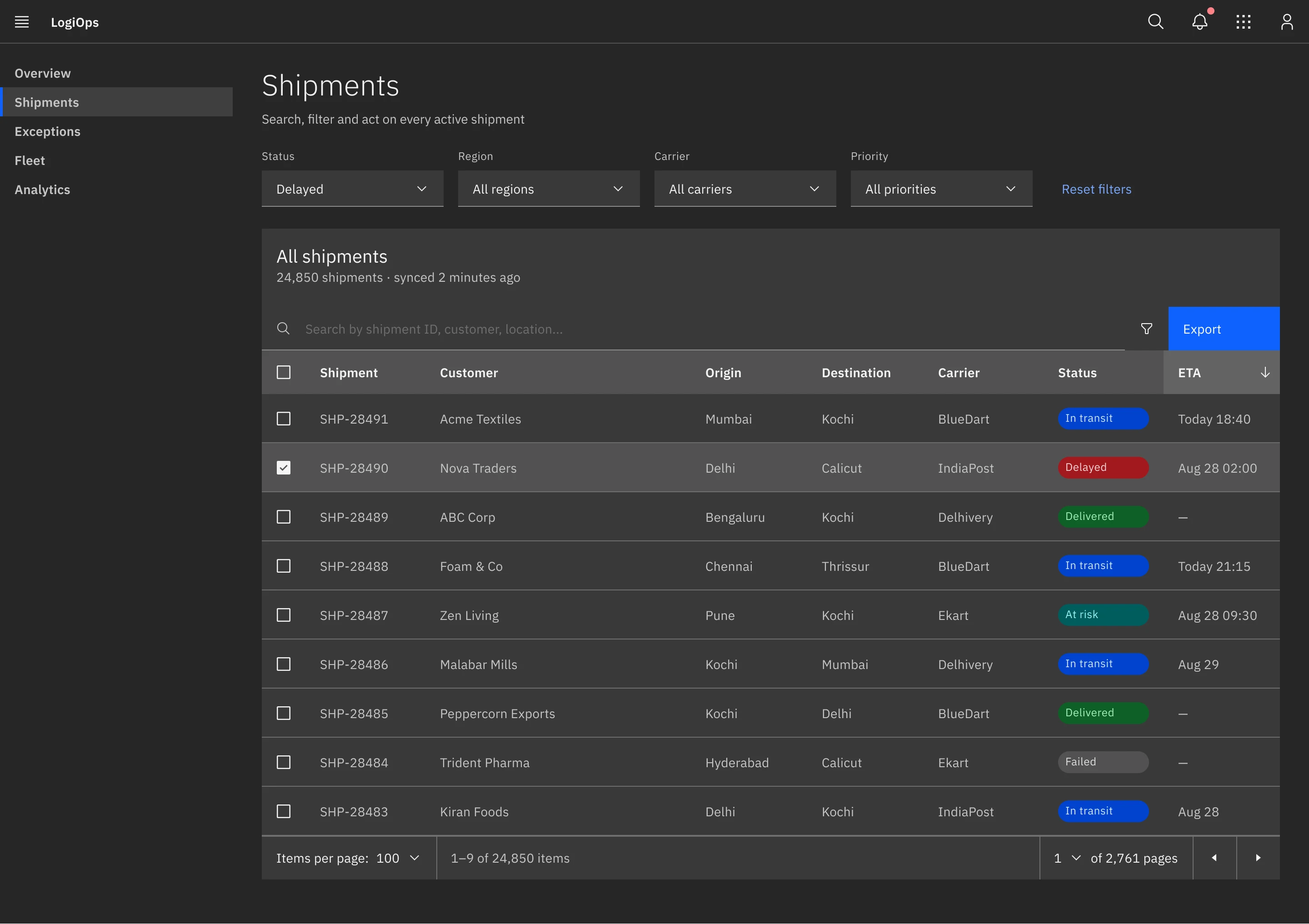 The shipments data table in the dark theme