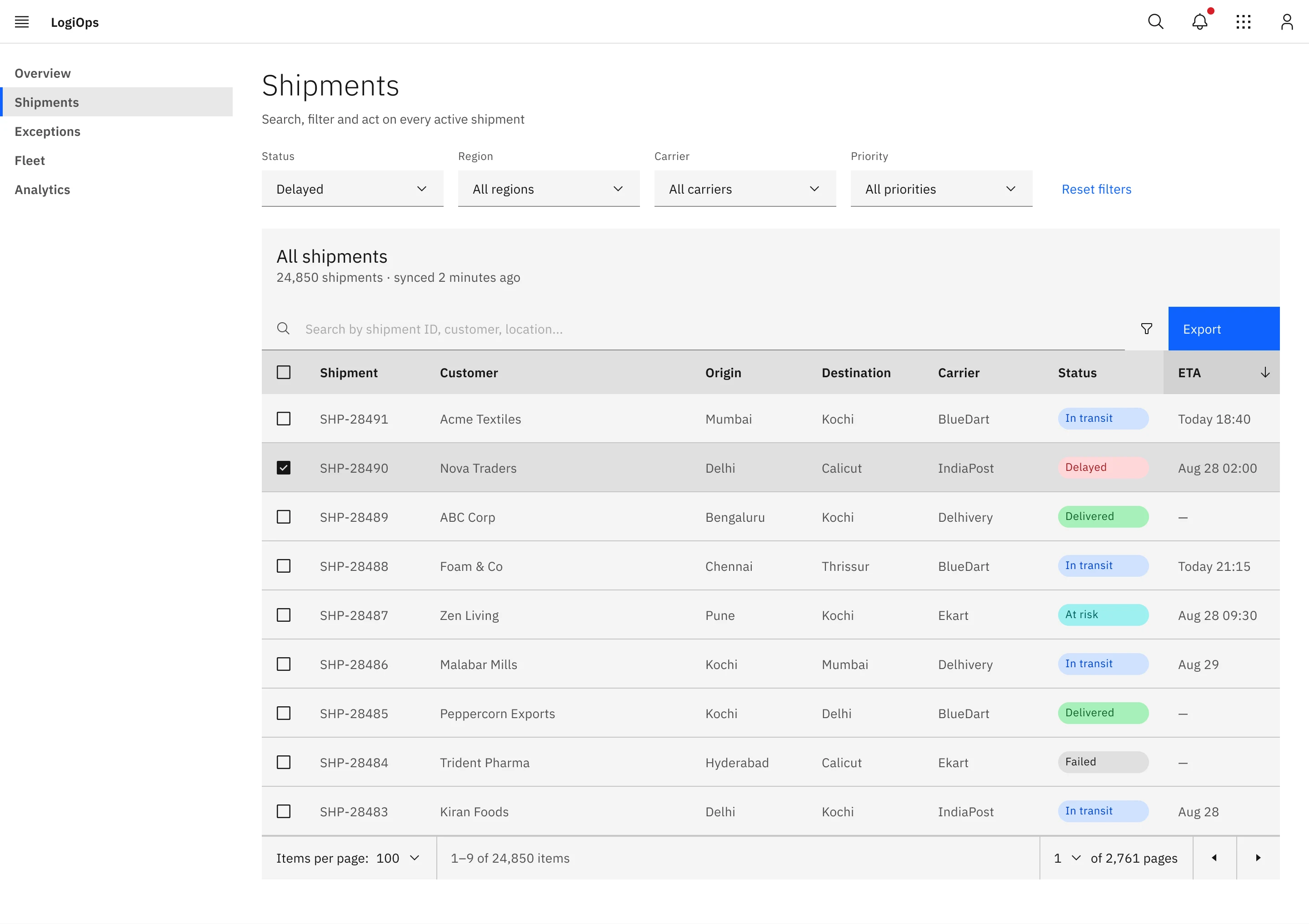The shipments screen: filter dropdowns, a searchable data table with selection checkboxes, status tags and pagination