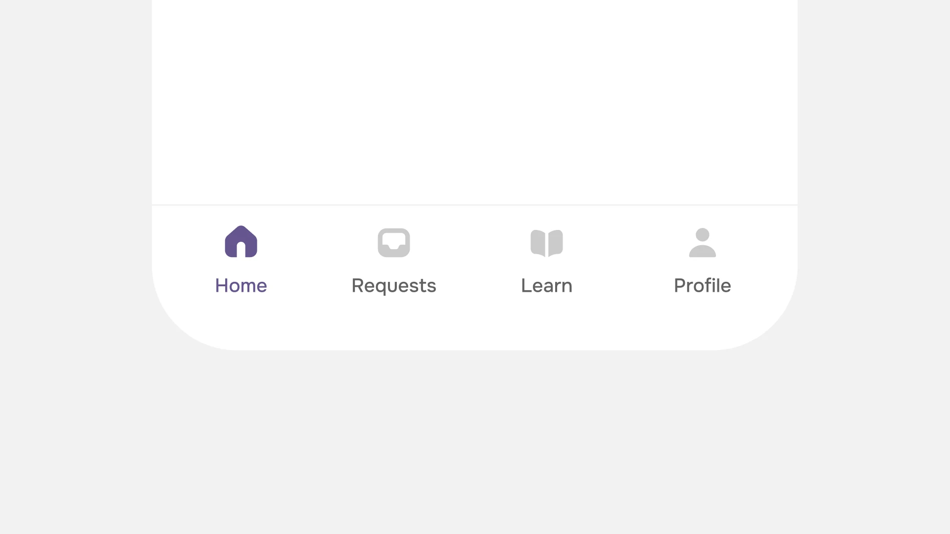 The redesigned bottom navigation: Home, Requests, Learn and Profile, with custom filled icons and the active tab in purple