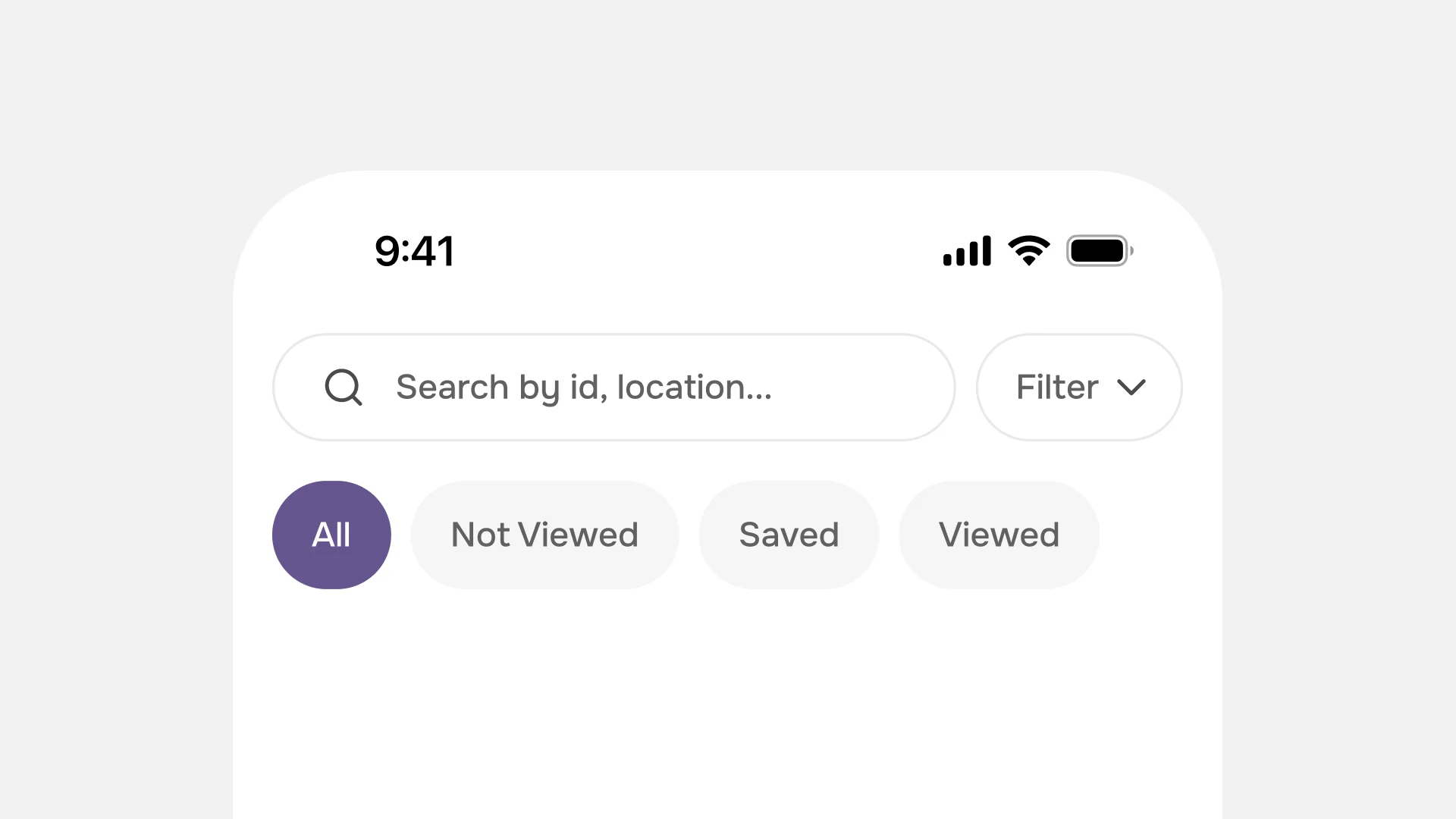 The redesigned top of the profiles list: a search field reading search by id or location, a filter button beside it, and the All, Not Viewed, Saved and Viewed chips