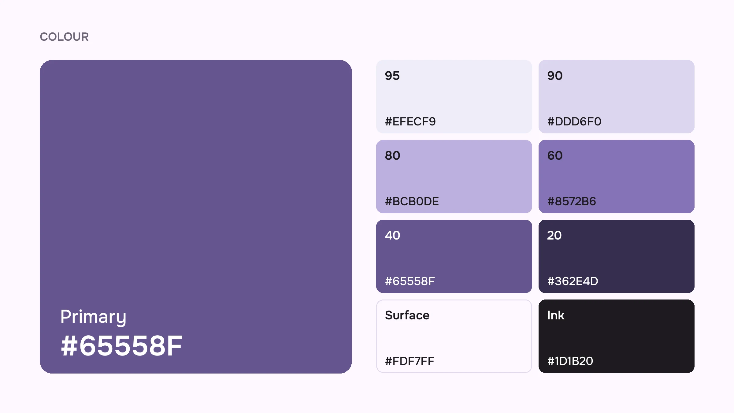 The colour token sheet: the primary #65558F large, beside its tonal steps from 95 down to 20, with the surface and ink
