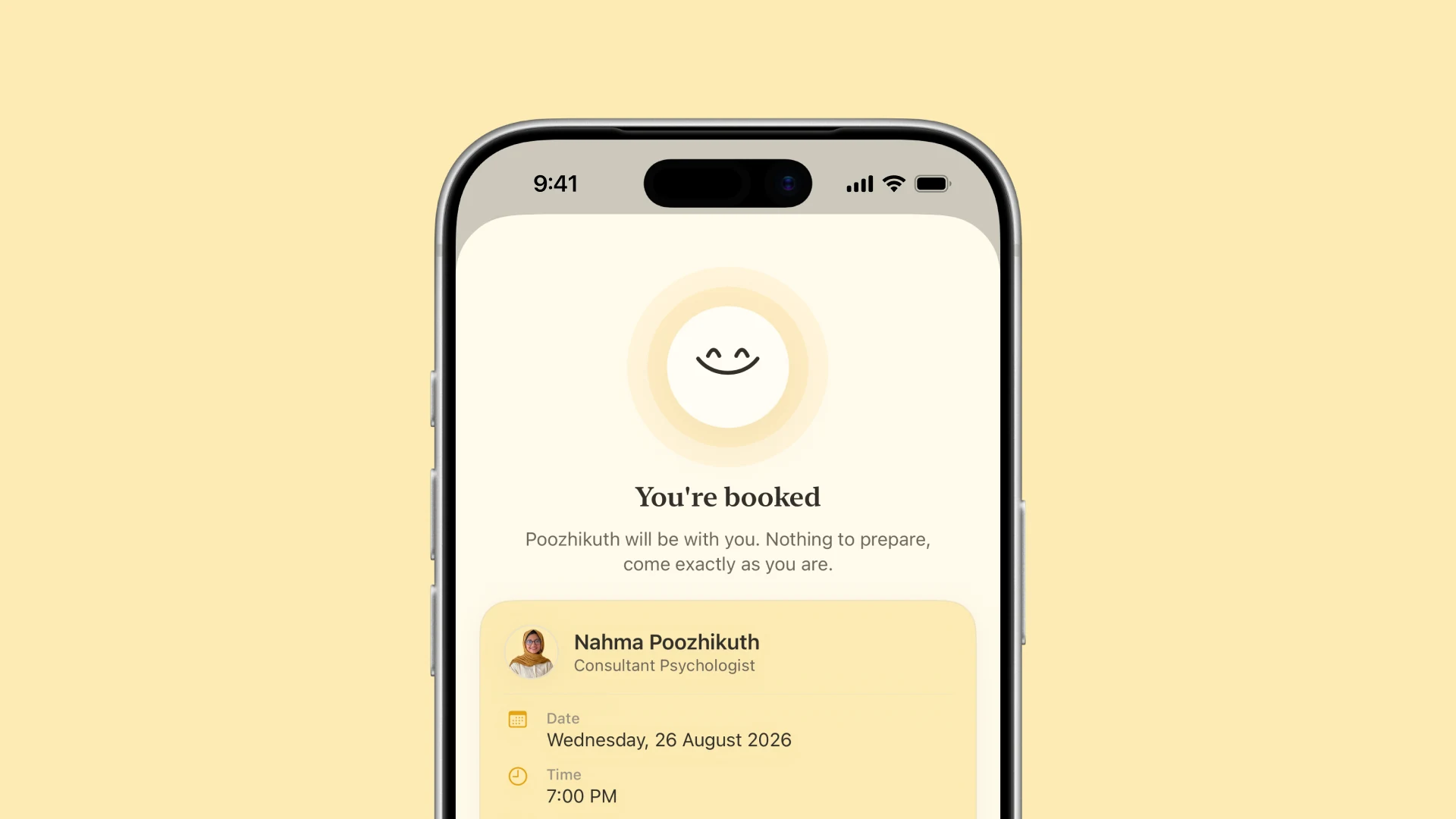 The you are booked screen reading nothing to prepare, come exactly as you are