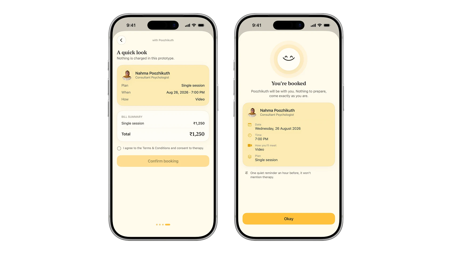 The booking review screen and the confirmation
