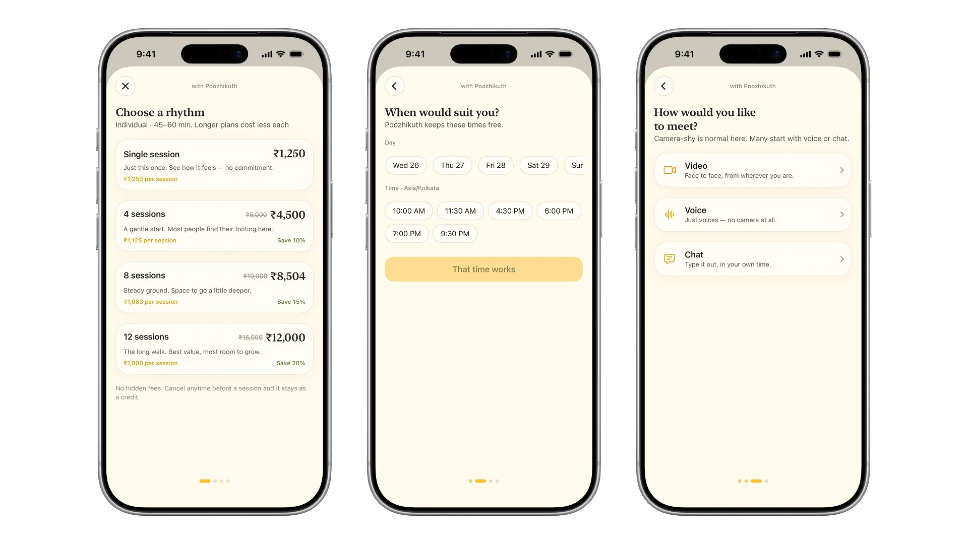 The booking screens: choosing a rhythm with prices per session, and picking a time