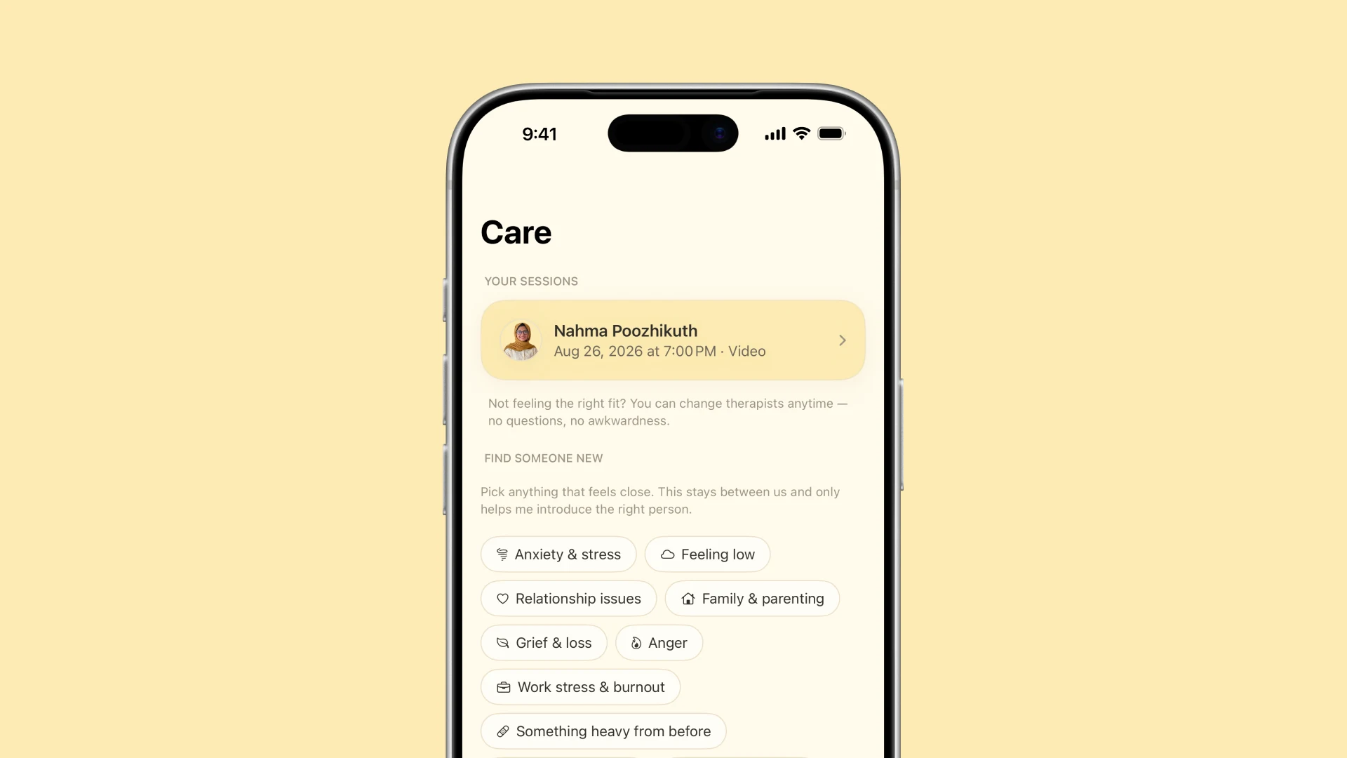The Care screen listing feelings such as anxiety and worry, relationship issues, grief and loss