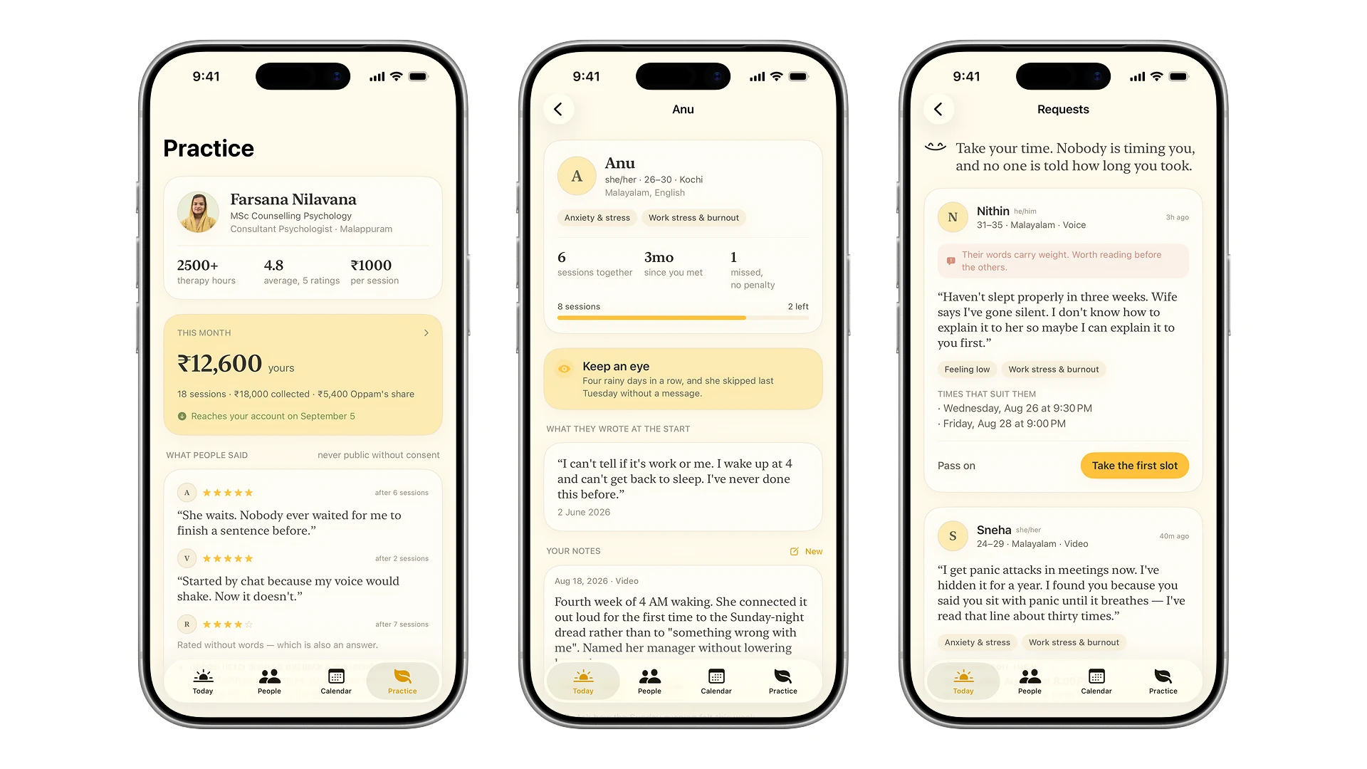 The practice screen with earnings and the hours the therapist has opened