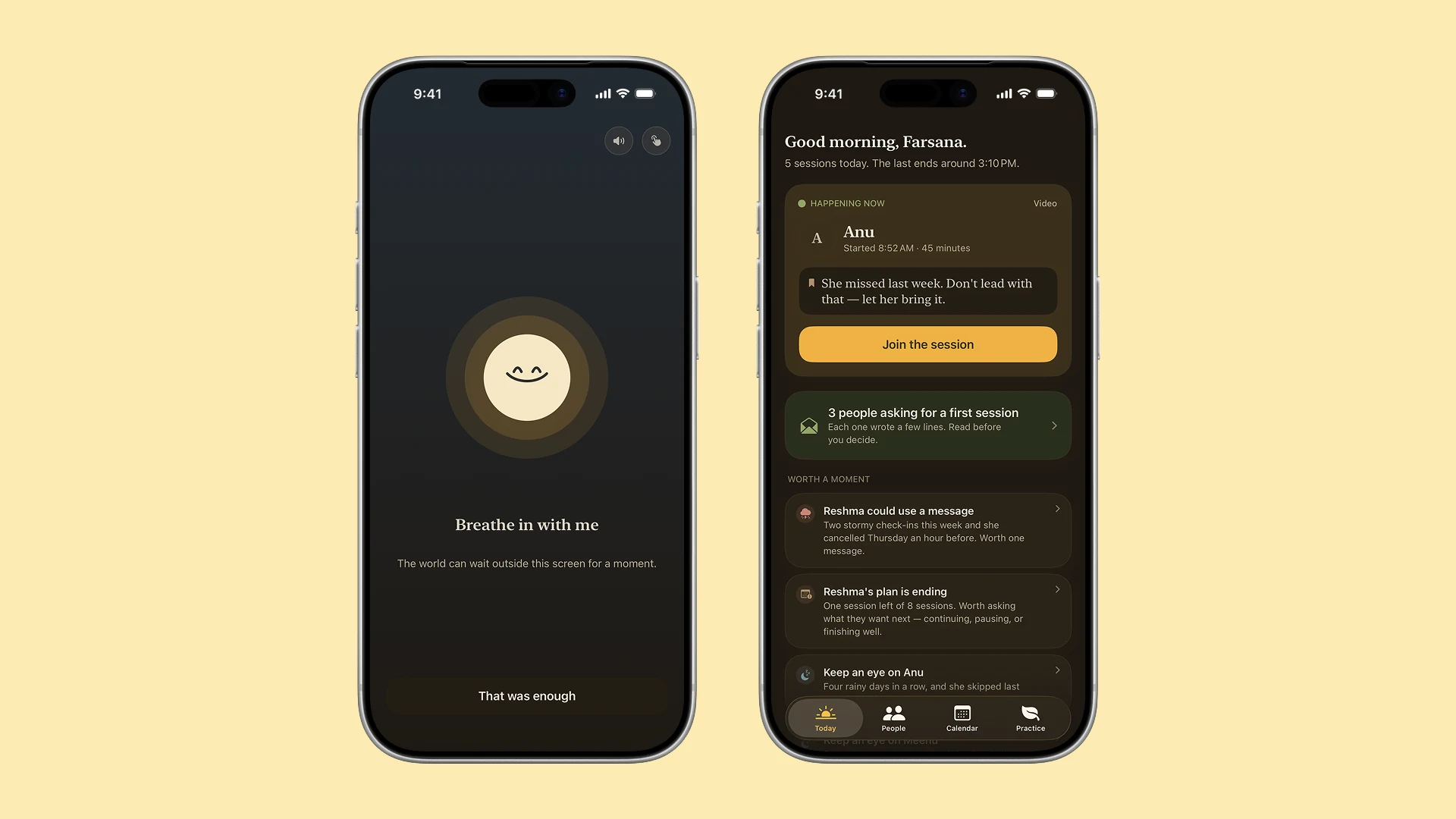 The breathing screen and the morning home screen in dark mode