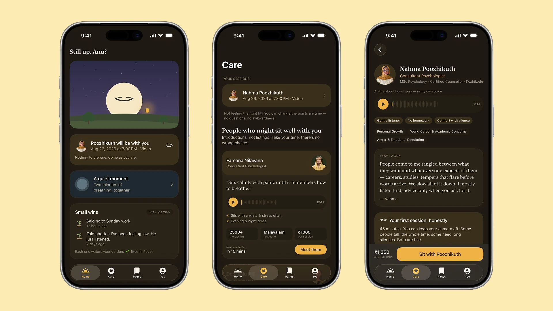 Home, Care and a therapist profile in dark mode