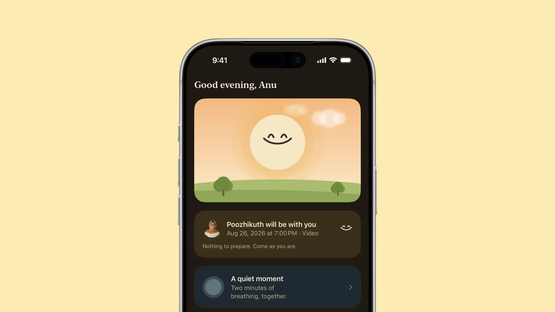 The home screen in dark mode with a warm night sky