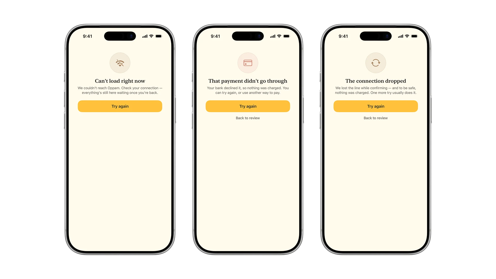 Three error states: cannot load right now, the payment did not go through, the connection dropped