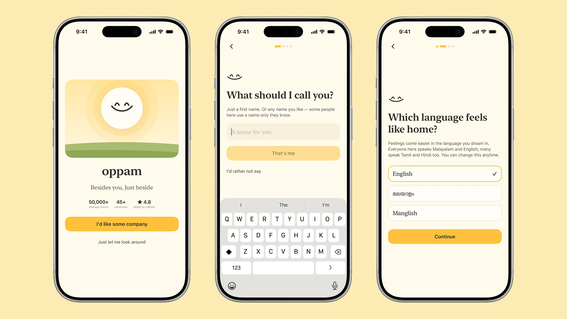 The opening screens: the welcome, the what should I call you question, and the language chooser