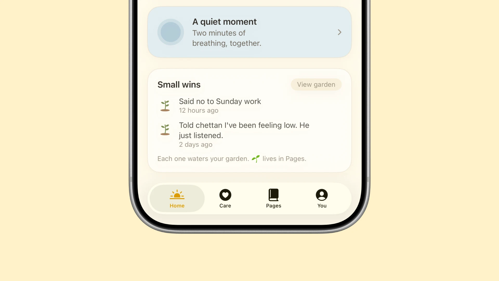 The quiet moment card and the small wins list on the home screen