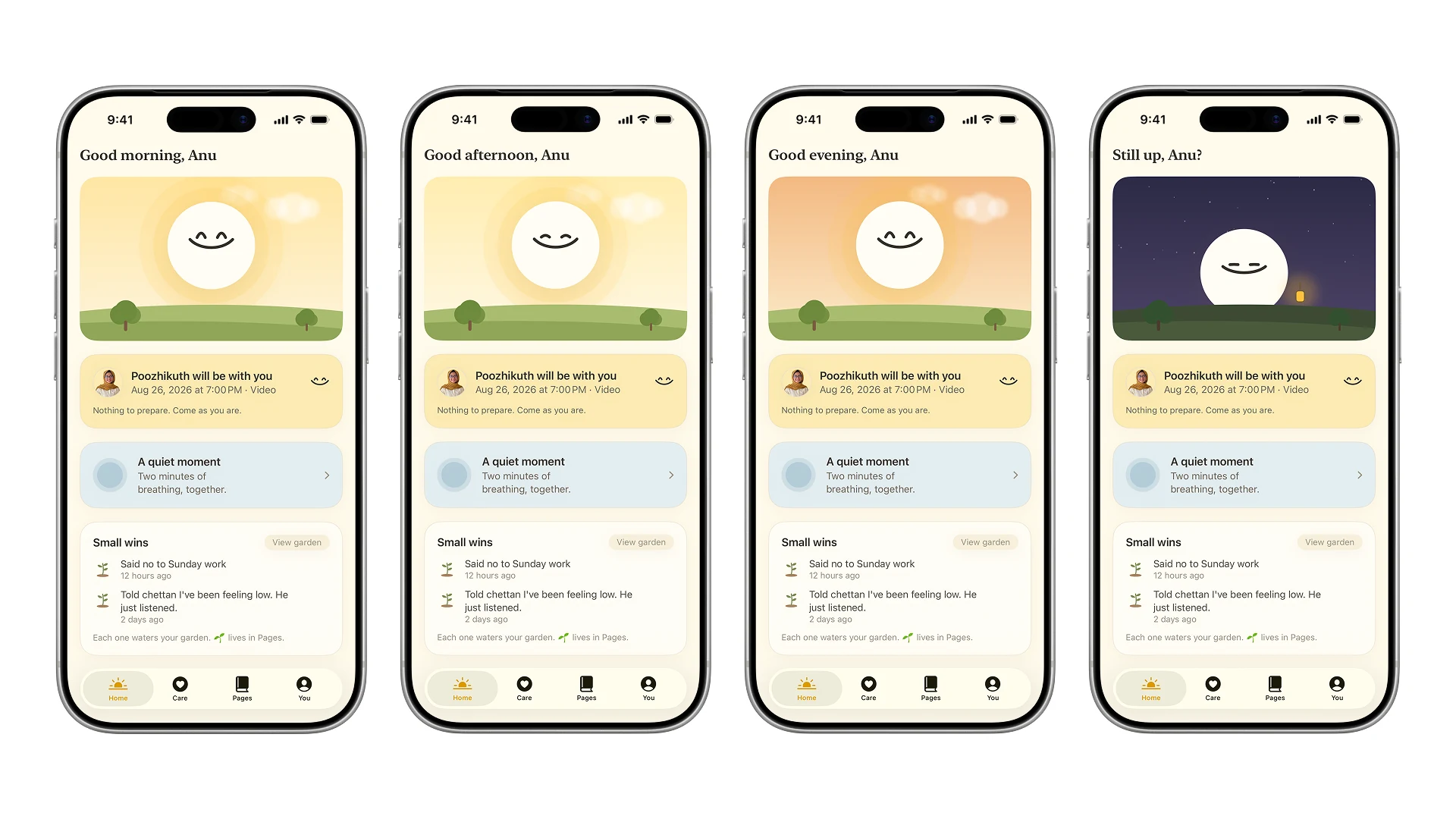 The same home screen at morning, afternoon, evening and night, the sky and companion changing with each