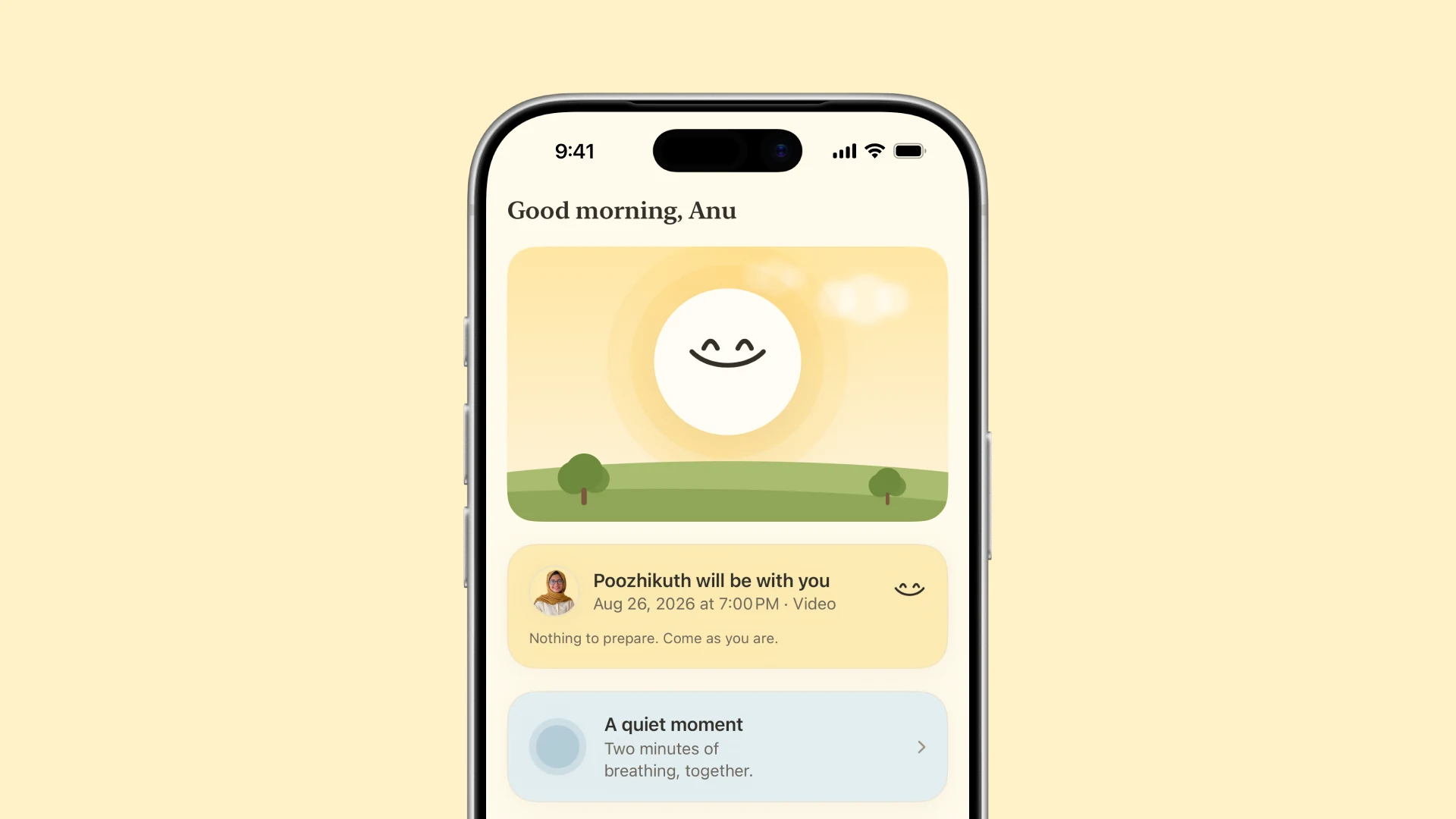 The Oppam home screen with a sky, the companion, a greeting and the next session card