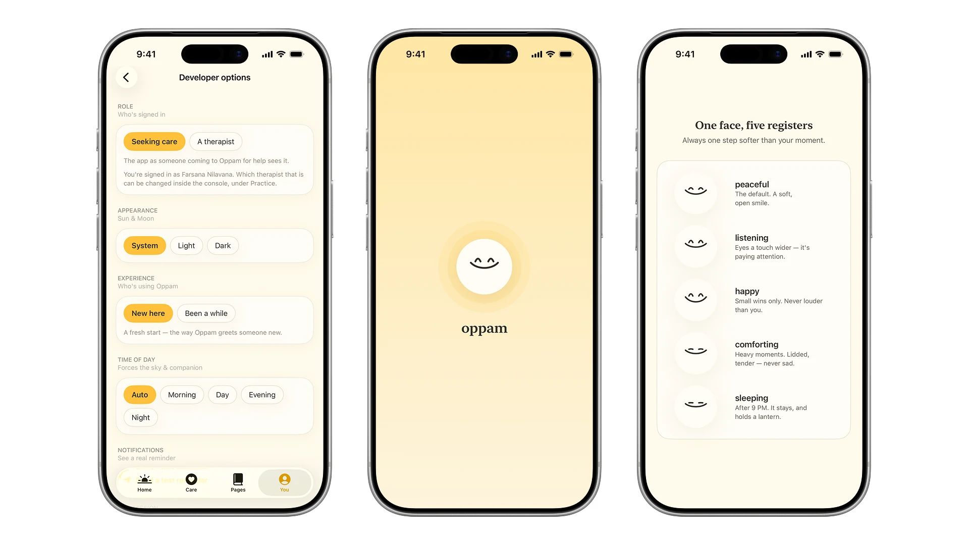 The five companion registers: peaceful, listening, happy, comforting and sleeping