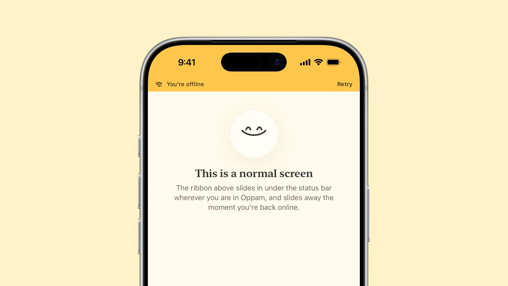 The offline ribbon sliding in under the status bar with an explanation screen