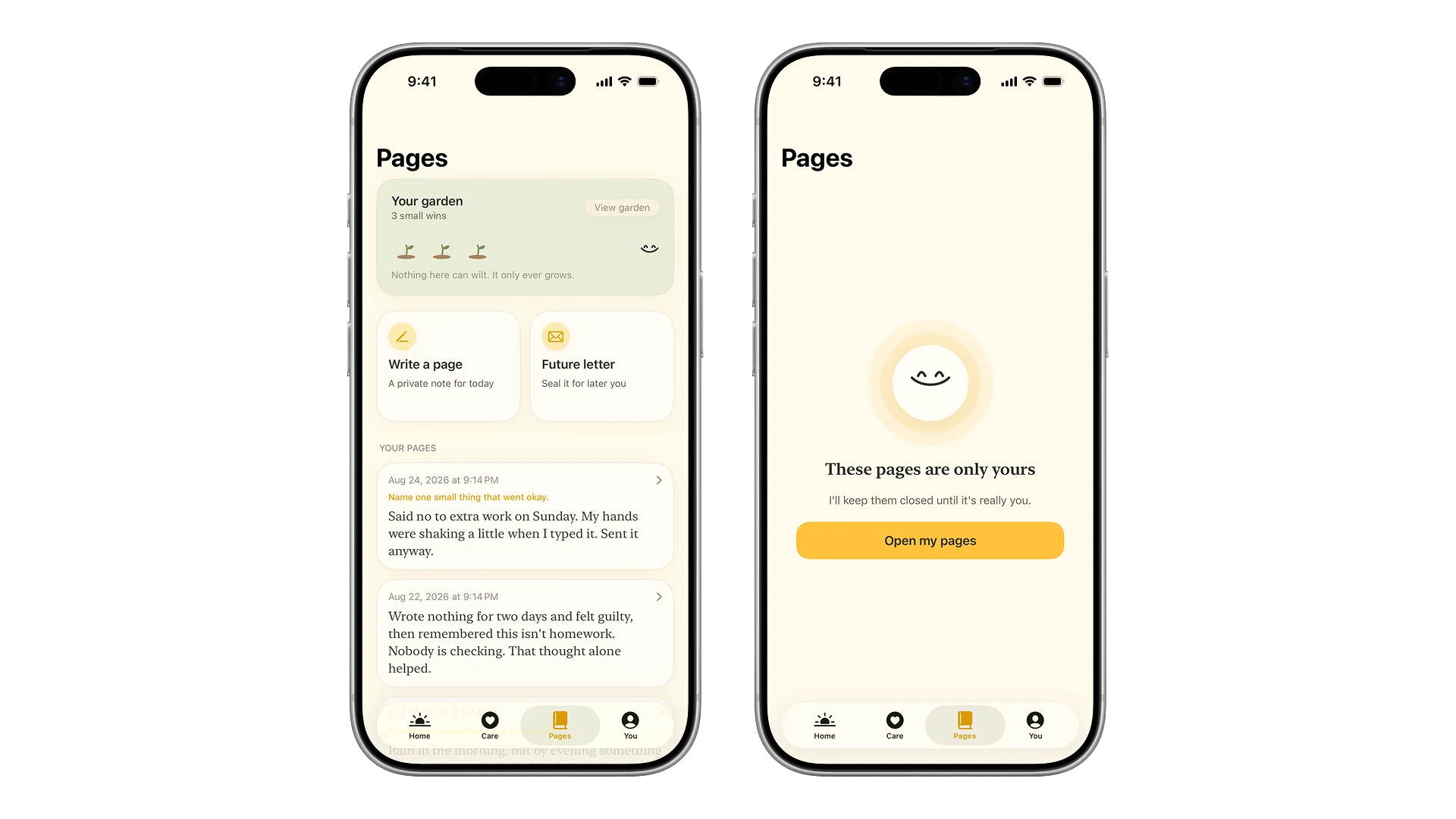 The Pages screen with the garden of small wins and the note that these pages are only yours