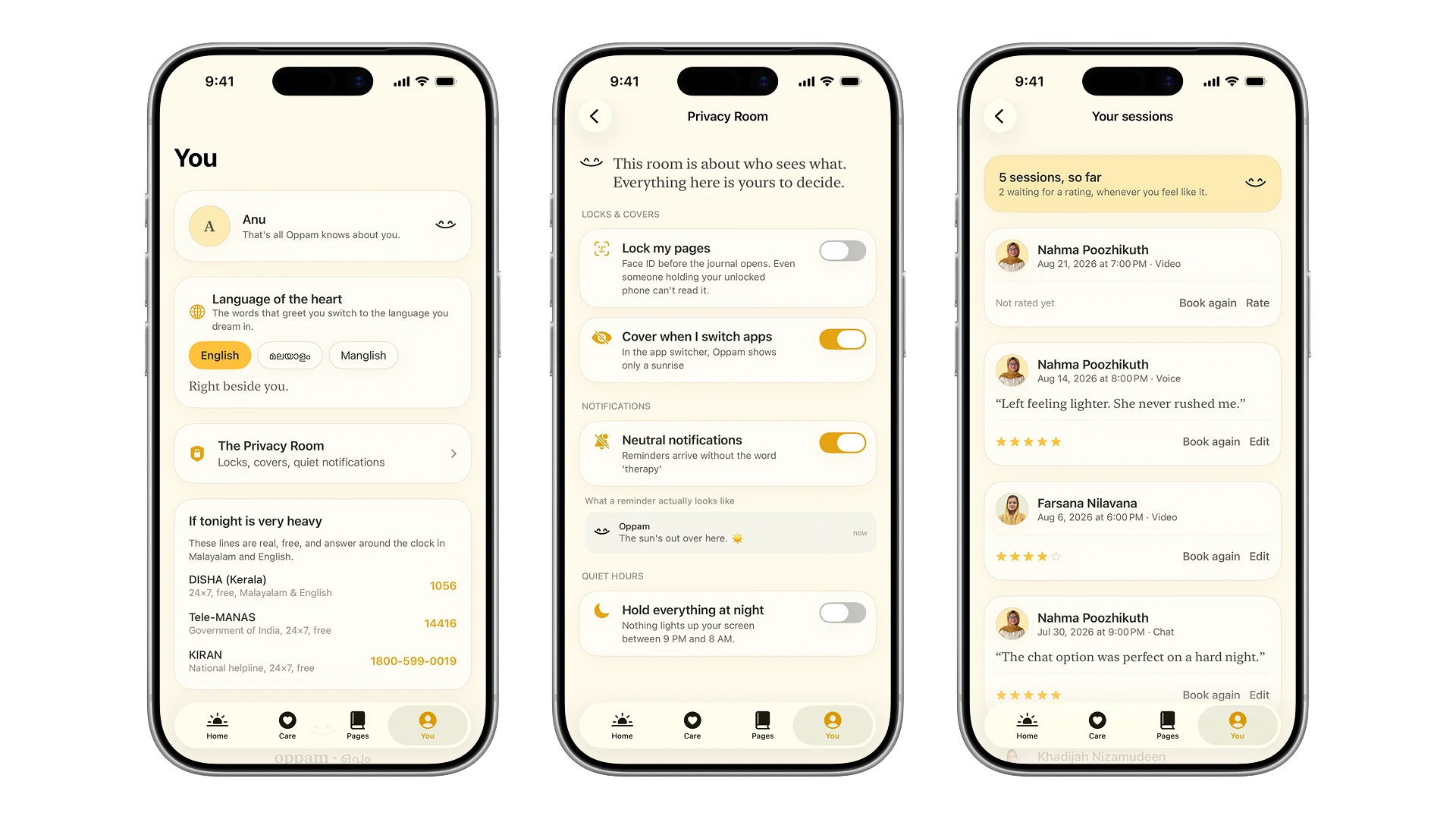 The privacy room with a lock on the journal, neutral notifications with a live preview, and quiet hours