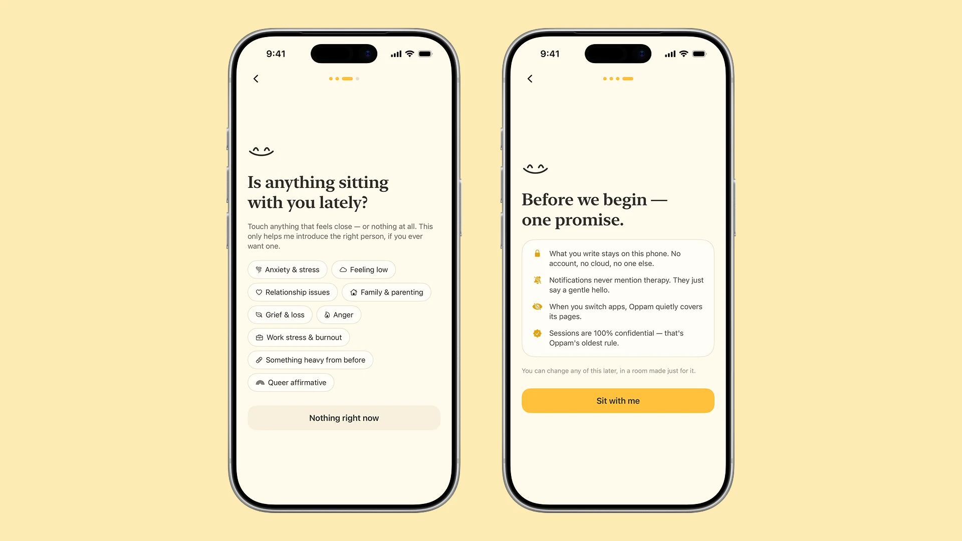 Two onboarding screens: is anything sitting with you lately, and before we begin, one promise