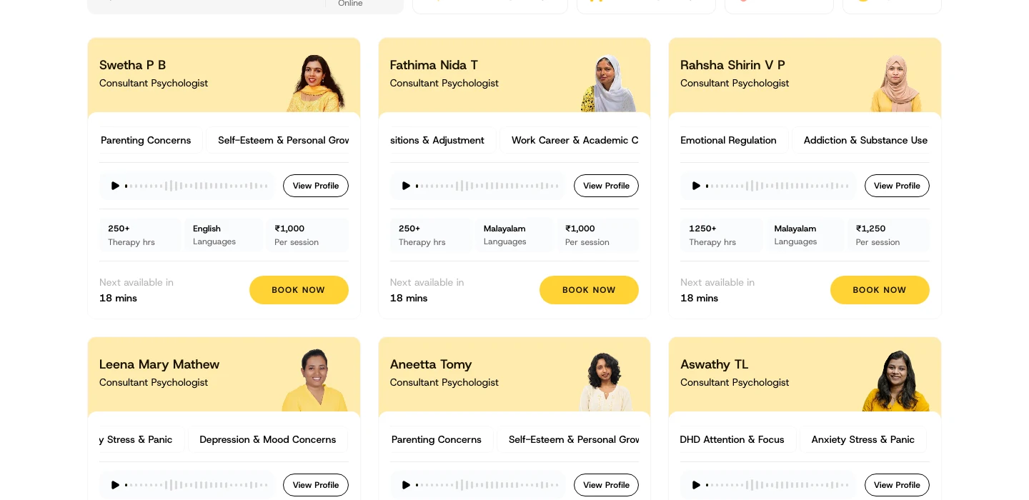 Therapist cards on the website showing photo, credential, concern tags, a voice introduction player, languages, therapy hours, price per session and a book now button