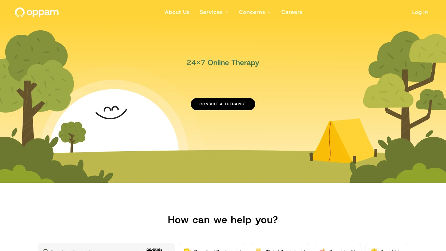 The oppam.me homepage: a sunrise illustration, 24x7 online therapy, and a consult a therapist button